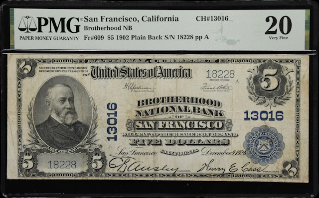 San Francisco, California. $5 1902 Plain Back. Fr. 609. Brotherhood