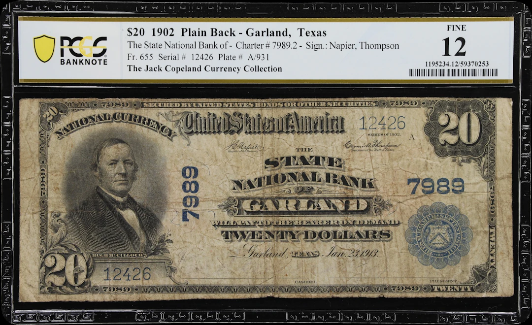 Garland, Texas. $20 1902 Plain Back. Fr. 655. State NB. Charter #7989.
