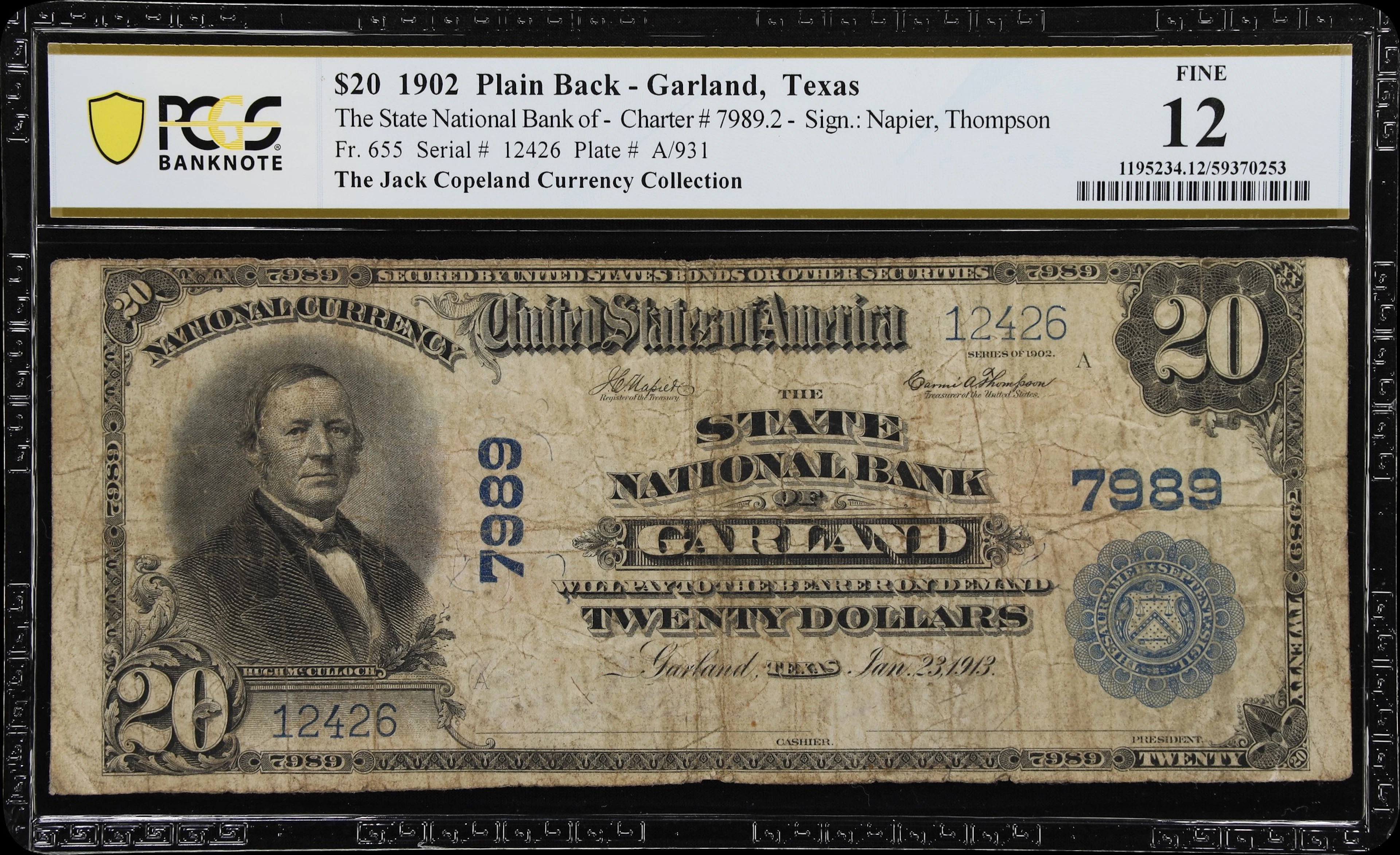 Garland, Texas. $20 1902 Plain Back. Fr. 655. State NB. Charter #7989.