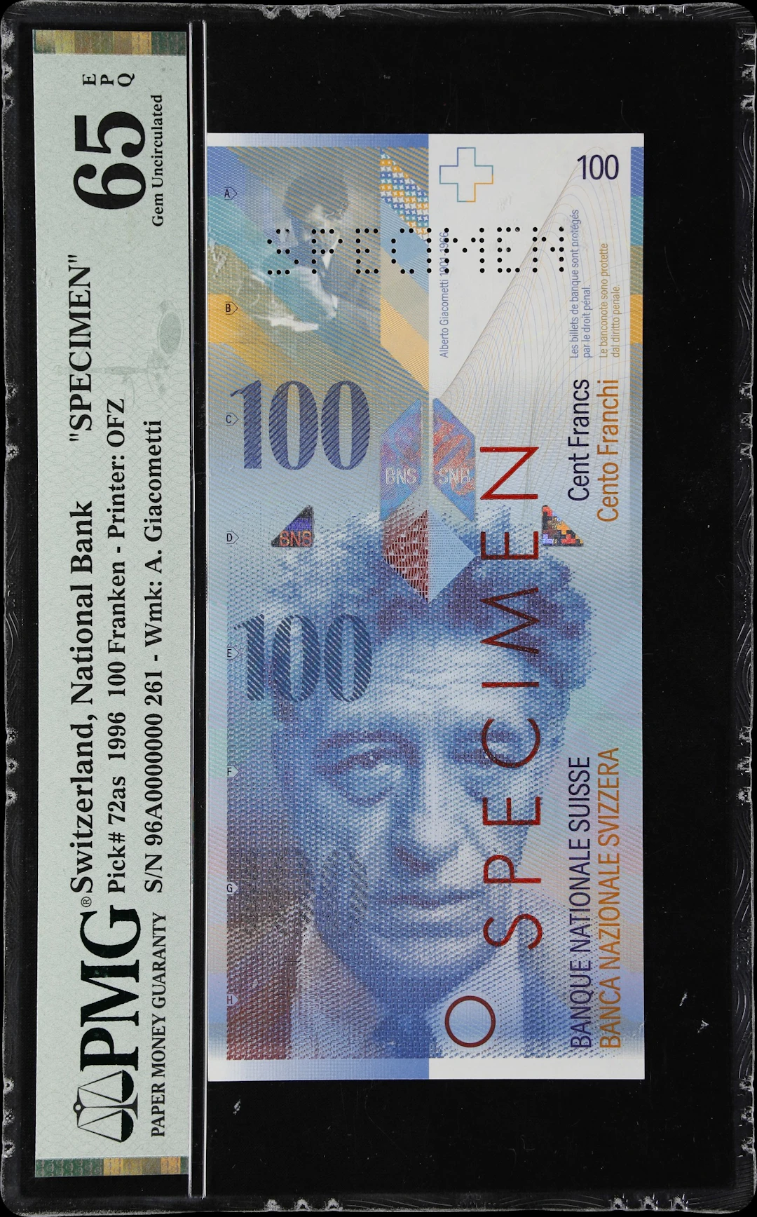 SWITZERLAND. Schweizerische Nationalbank. 100 Franken, 1996. P-72as.