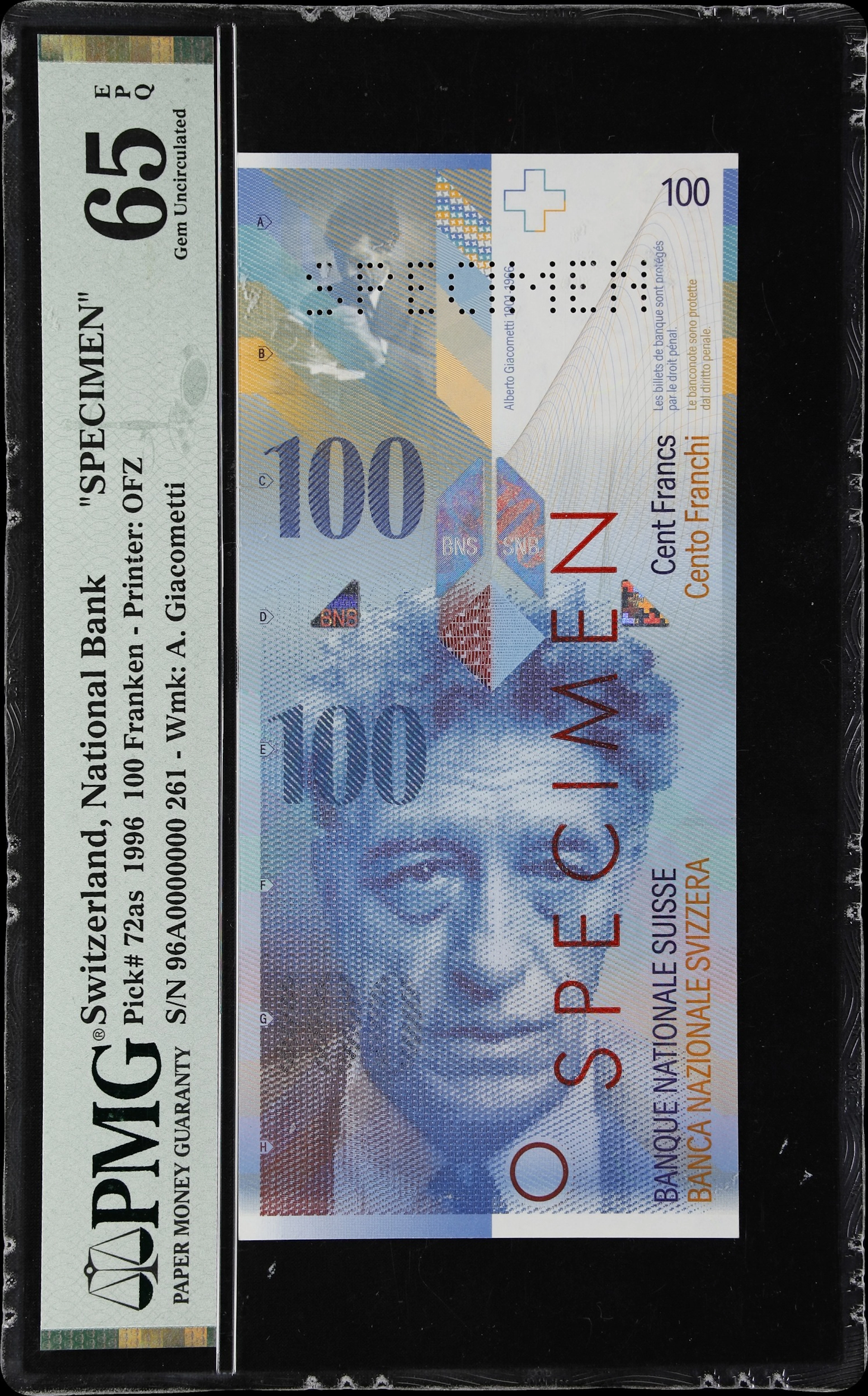 SWITZERLAND. Schweizerische Nationalbank. 100 Franken, 1996. P-72as.
