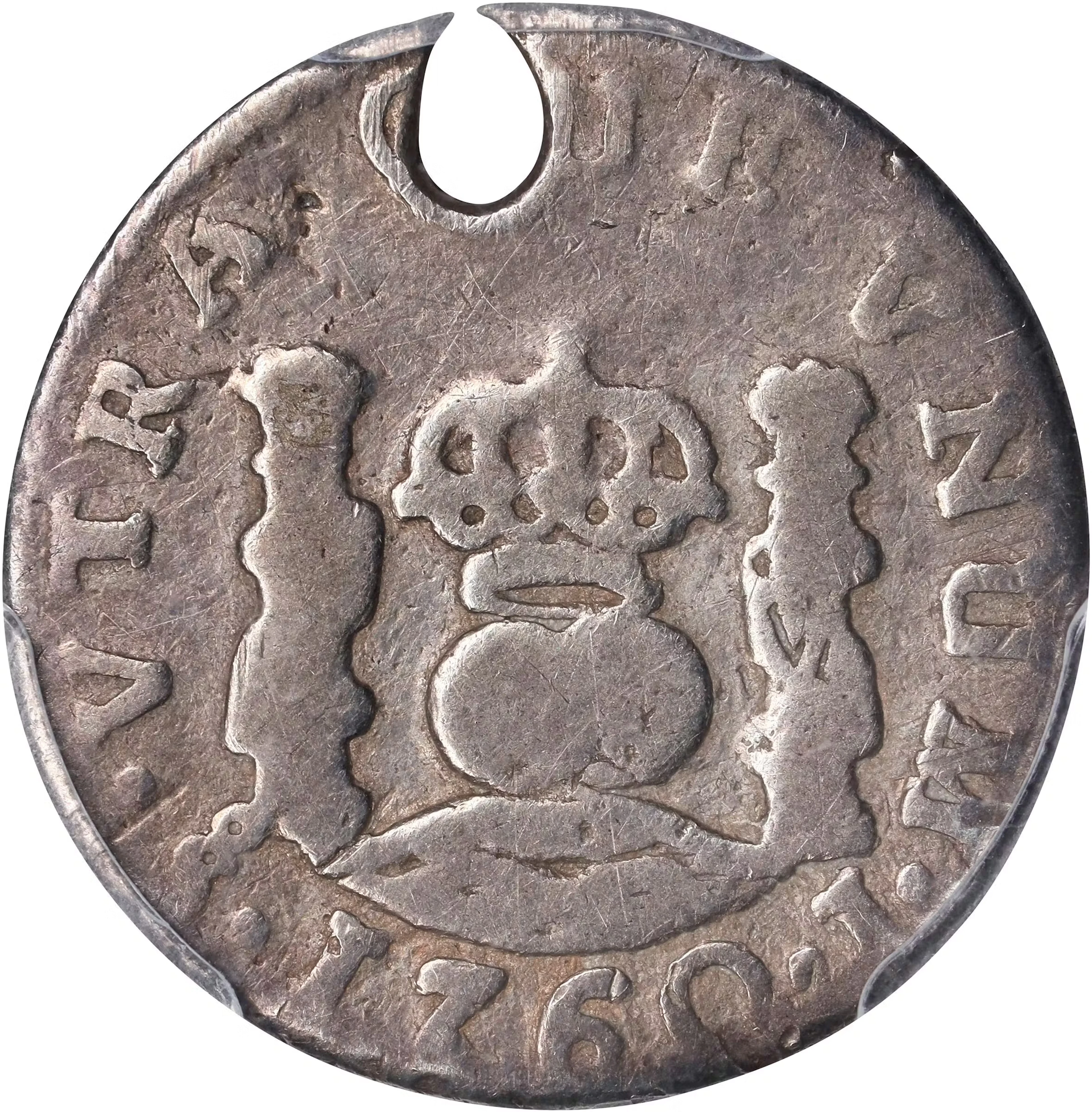 CHILE. 1/2 Real, 1760-So J. Santiago Mint. Charles III. PCGS Genuine--Holed