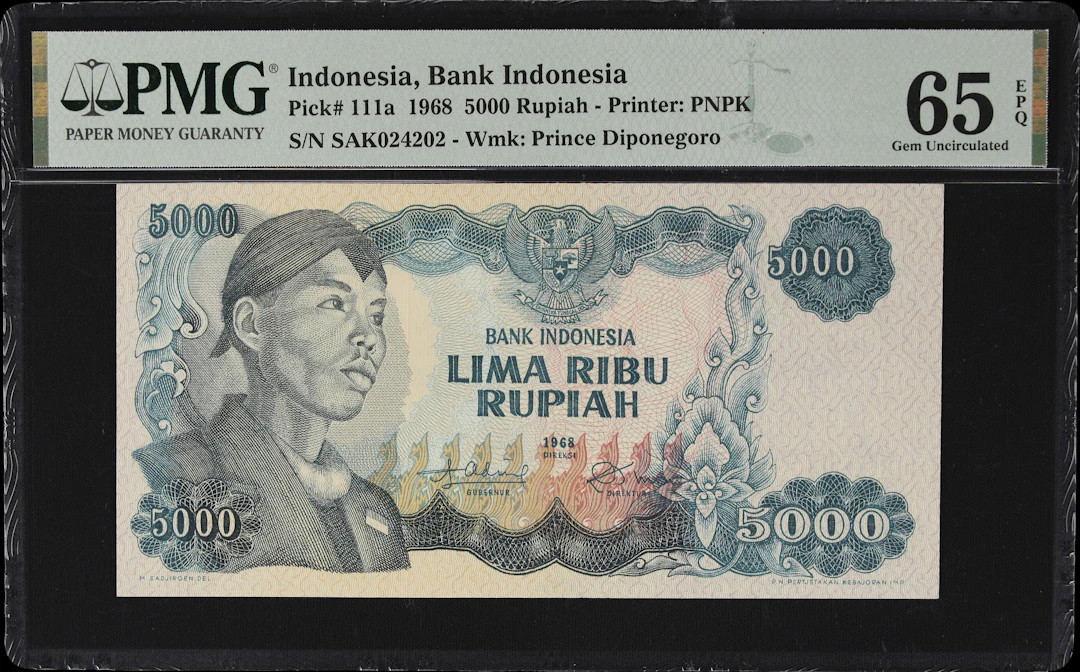 INDONESIA. Bank Indonesia. 5000 Rupiah, 1968. P-111a. PMG Gem Uncirculated