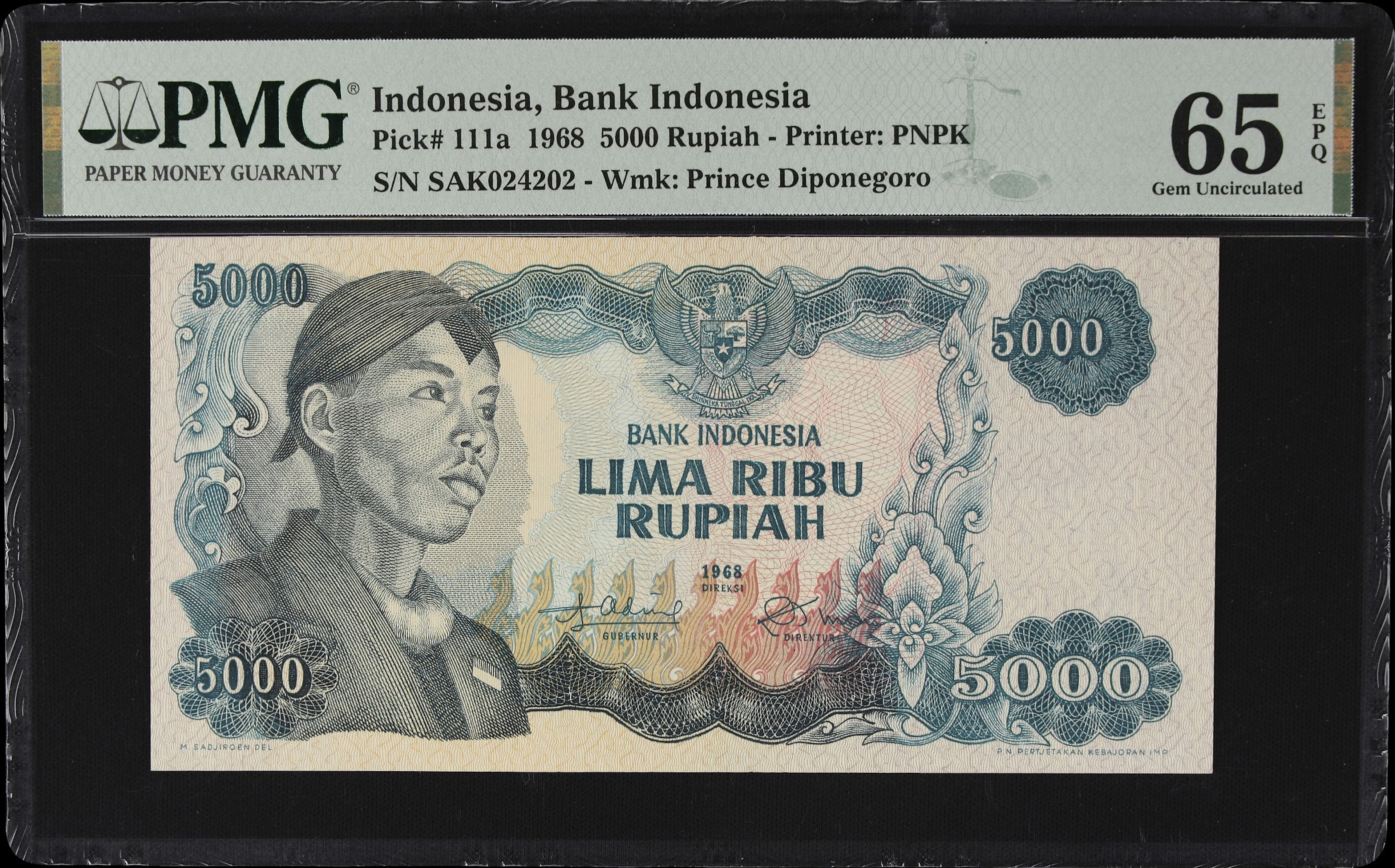 INDONESIA. Bank Indonesia. 5000 Rupiah, 1968. P-111a. PMG Gem Uncirculated