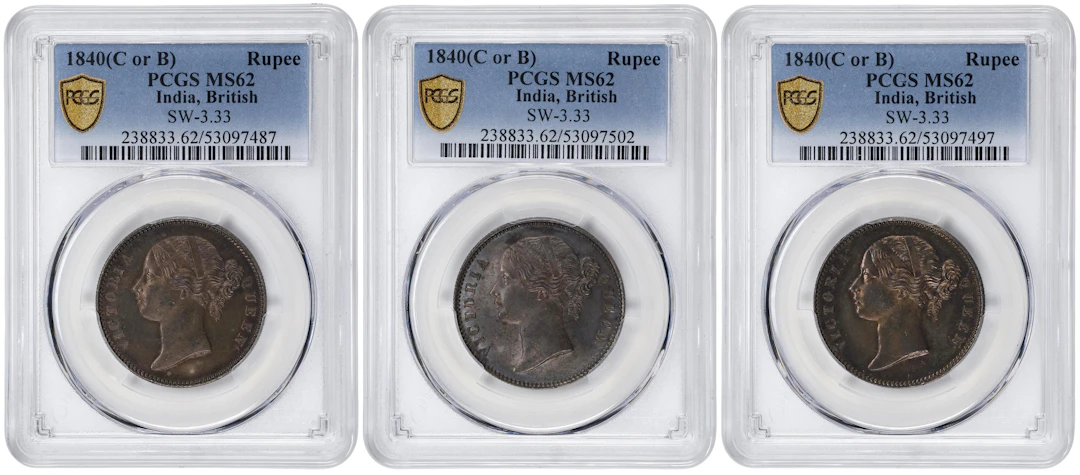 INDIA. British East India Company. Trio of Rupees (3 Pieces), 1840-(B&C).