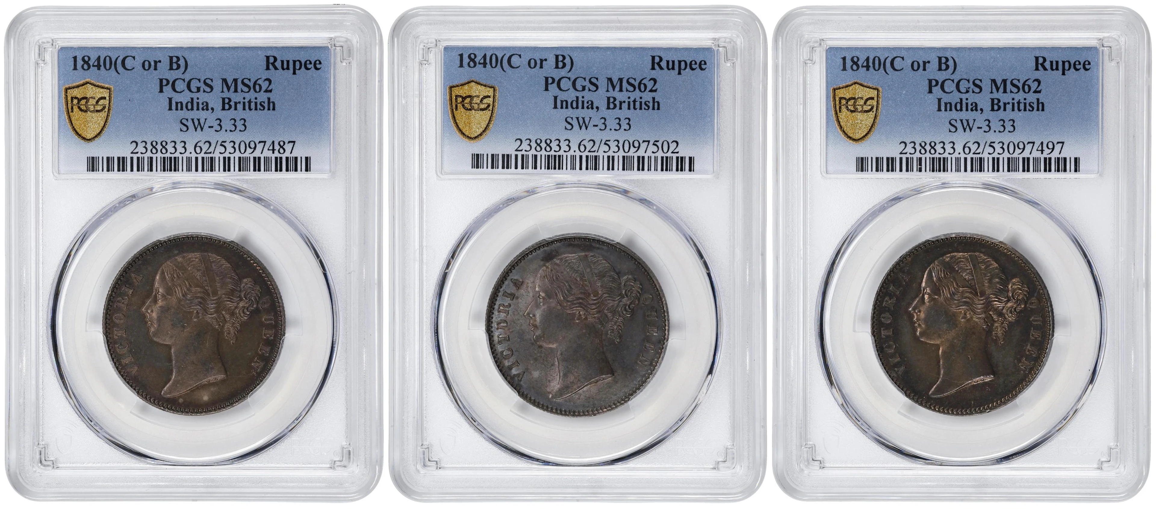 INDIA. British East India Company. Trio of Rupees (3 Pieces), 1840-(B&C).