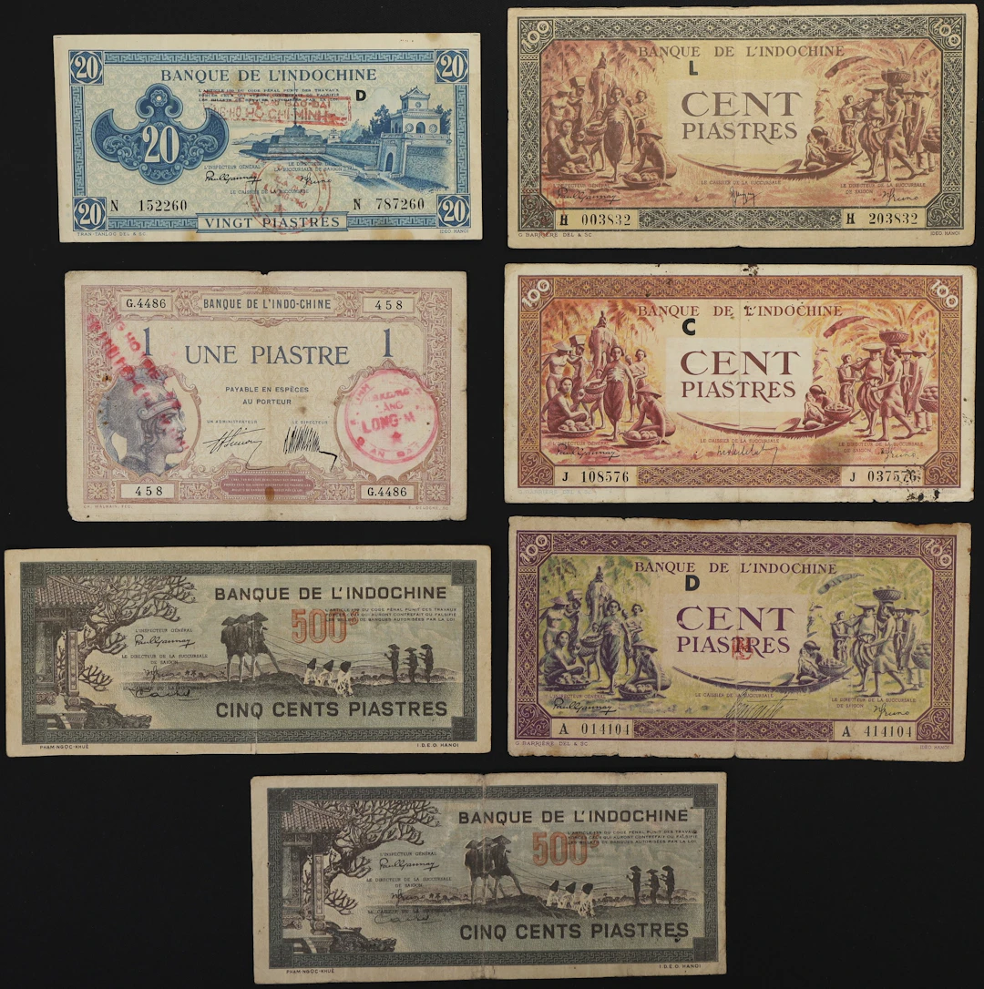 FRENCH INDO-CHINA. Lot of (7). Banque de l'Indochine. 1, 20, 100