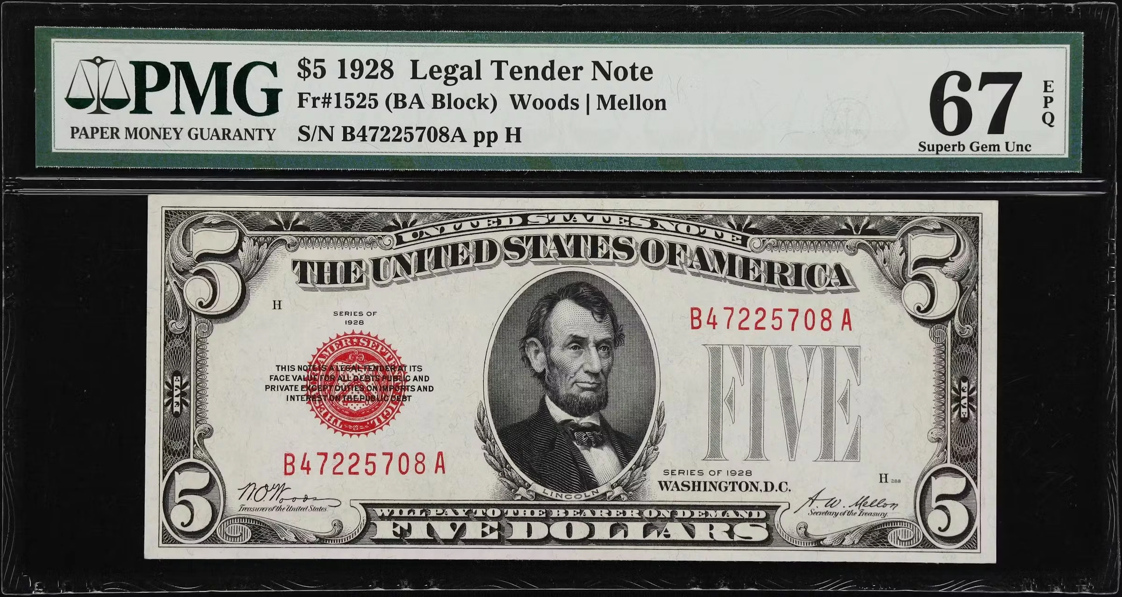 Fr. 1525. 1928 $5 Legal Tender Note. PMG Superb Gem Uncirculated 67 EPQ.