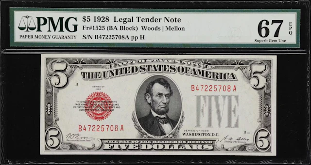 Fr. 1525. 1928 $5 Legal Tender Note. PMG Superb Gem Uncirculated 67 EPQ.