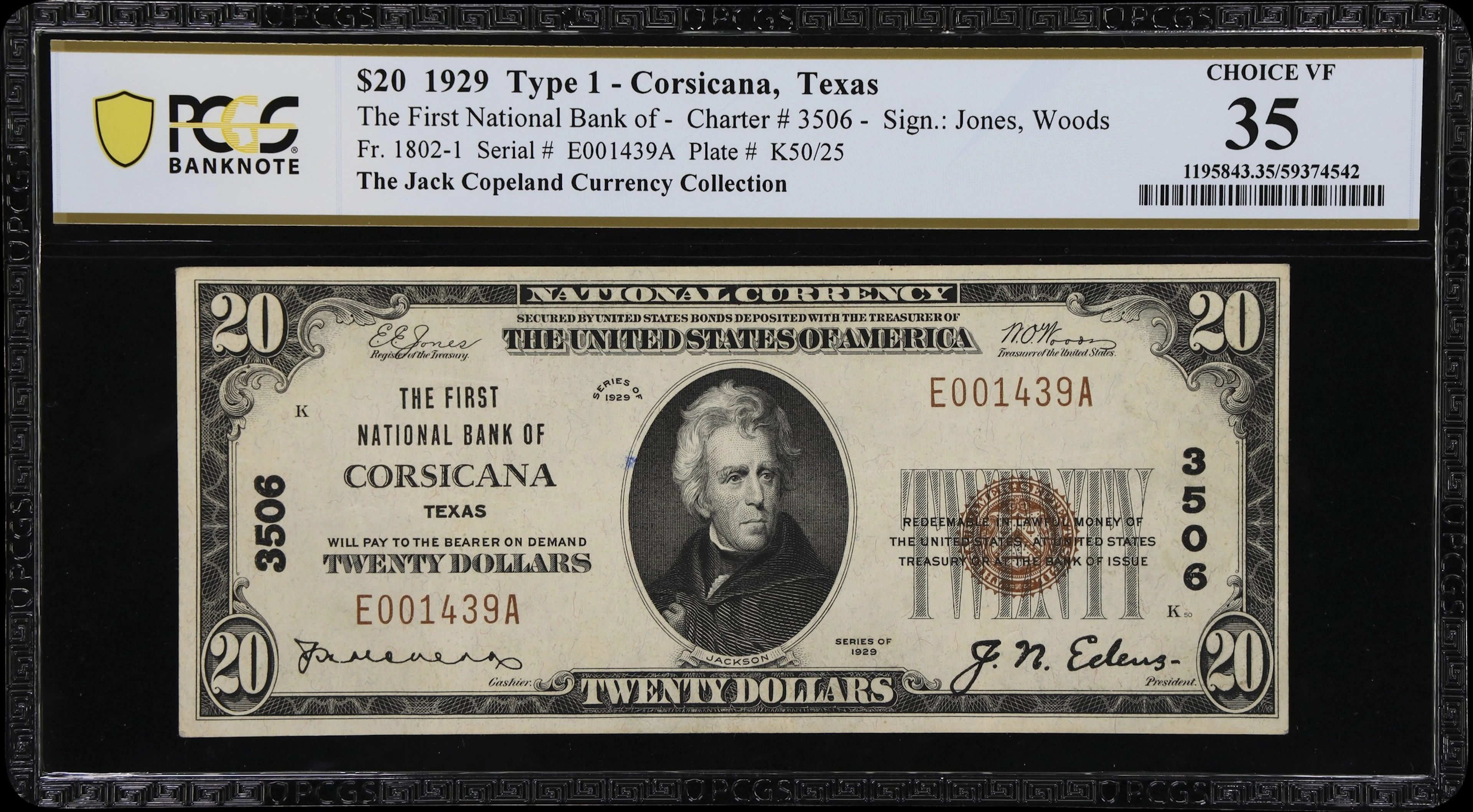 Corsicana, Texas. $20 1929 Ty. 1. Fr. 1802-1. First NB. Charter #3506.