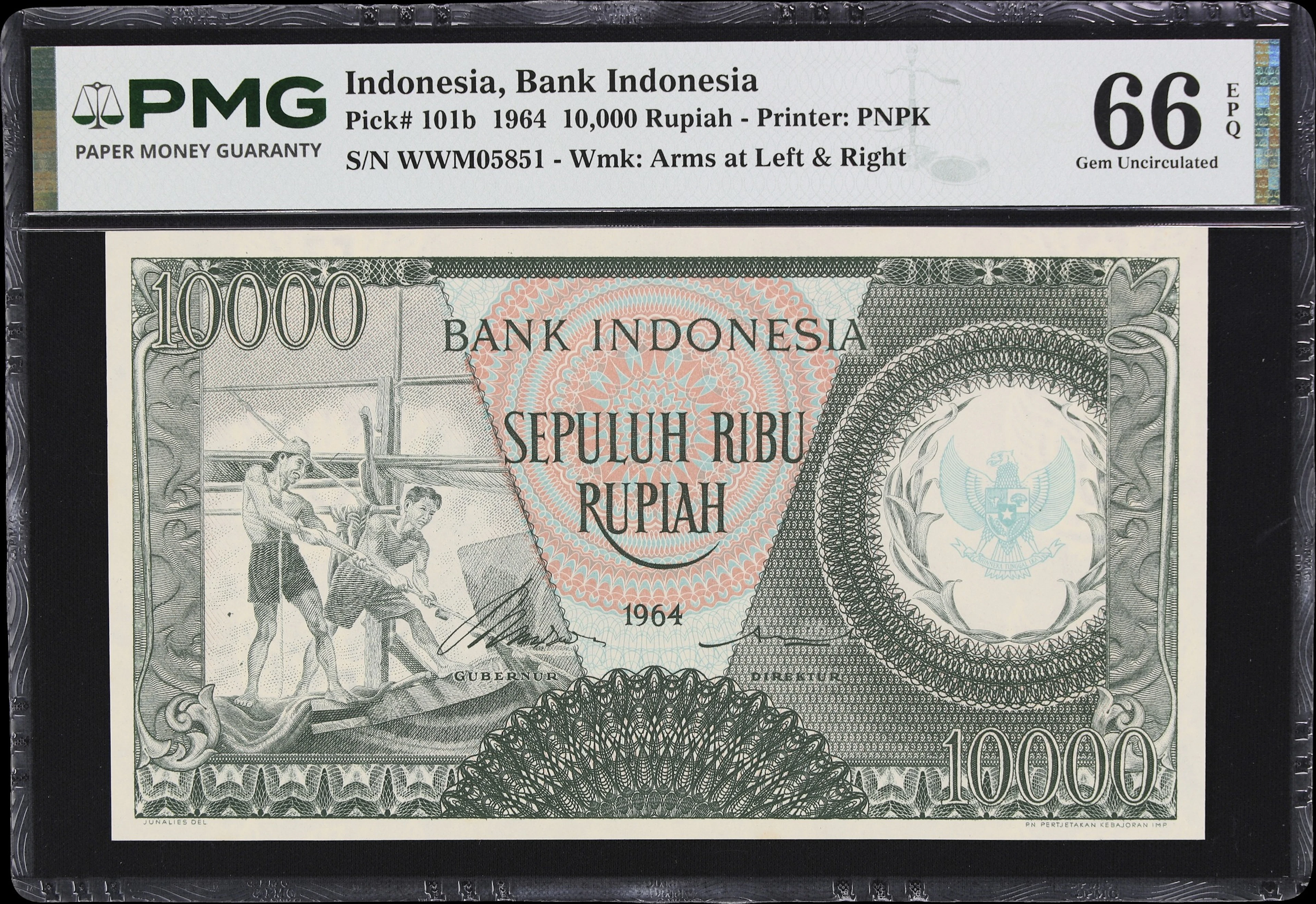 INDONESIA. Bank Indonesia. 10,000 Rupiah, 1964. P-101b. PMG Gem Uncirculated