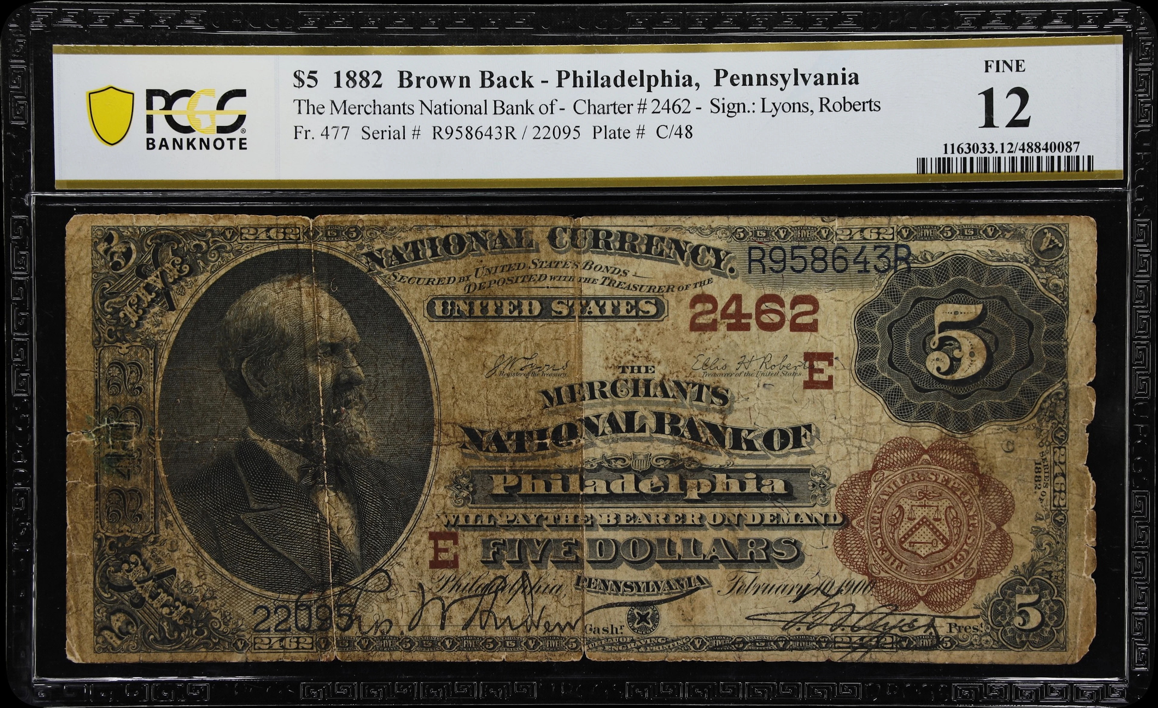 Philadelphia, Pennsylvania. $5 1882 Brown Back. Fr. 477. Merchants