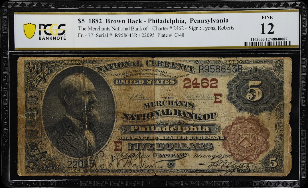 Philadelphia, Pennsylvania. $5 1882 Brown Back. Fr. 477. Merchants