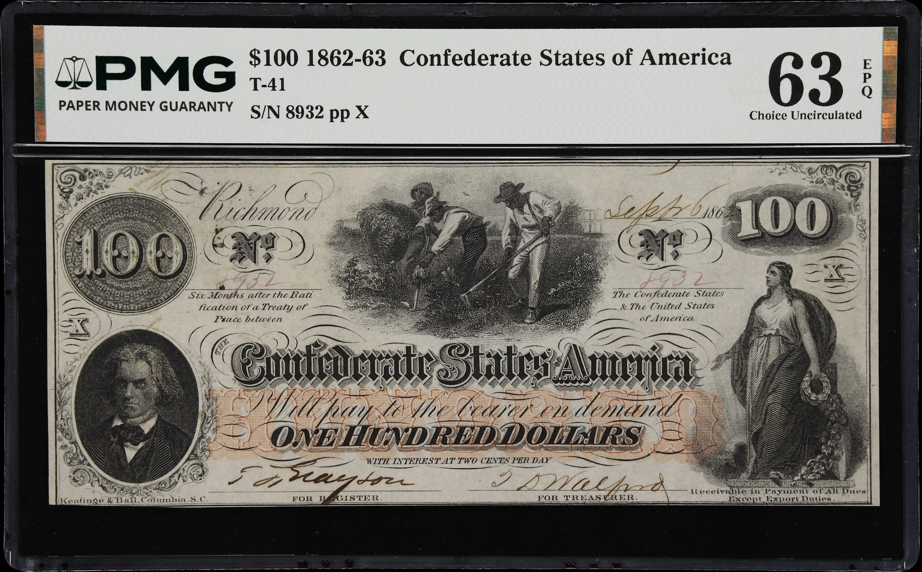 T-41. Confederate Currency. 1862-63 $100. PMG Choice Uncirculated