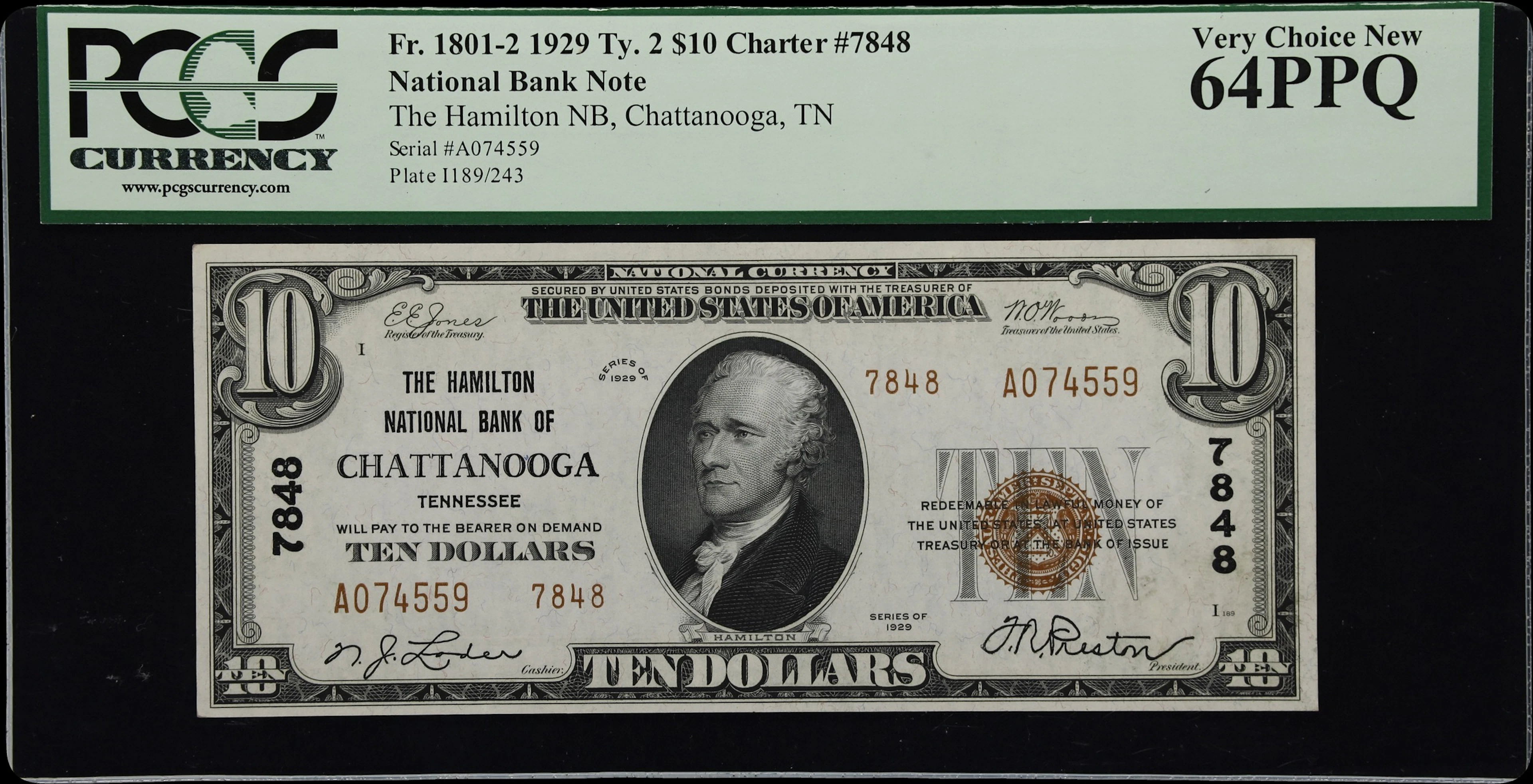 Chattanooga, Tennessee. $10 1929 Ty. 2. Fr. 1801-2. Hamilton NB. Charter