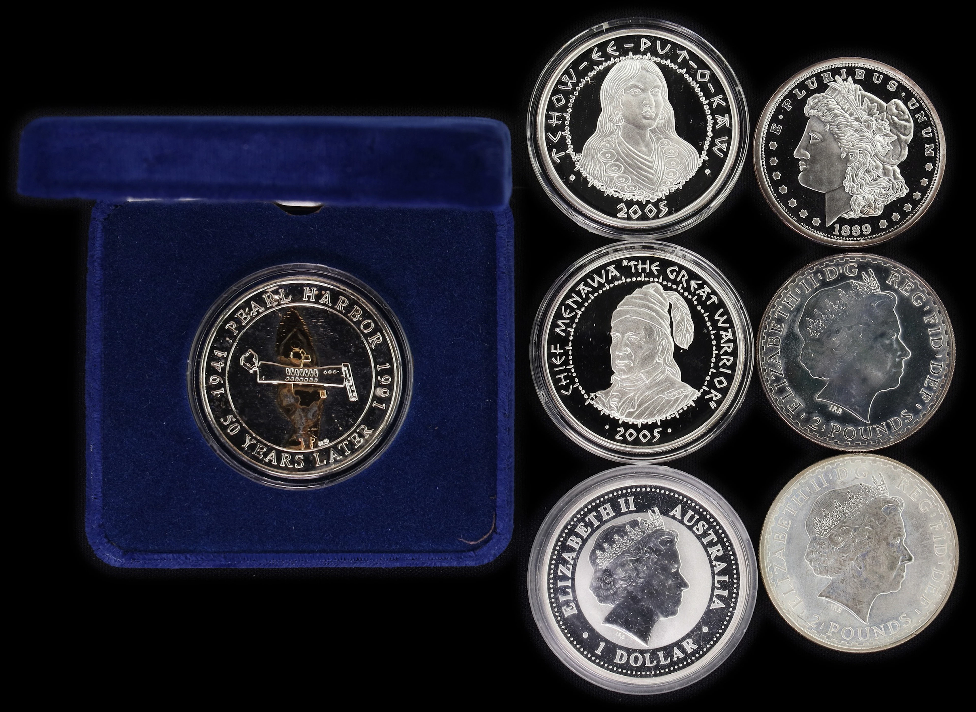 (7 oz, 217.728 g ASW). Mixed World. Lot of (7) Mixed Date 1 oz Silver
