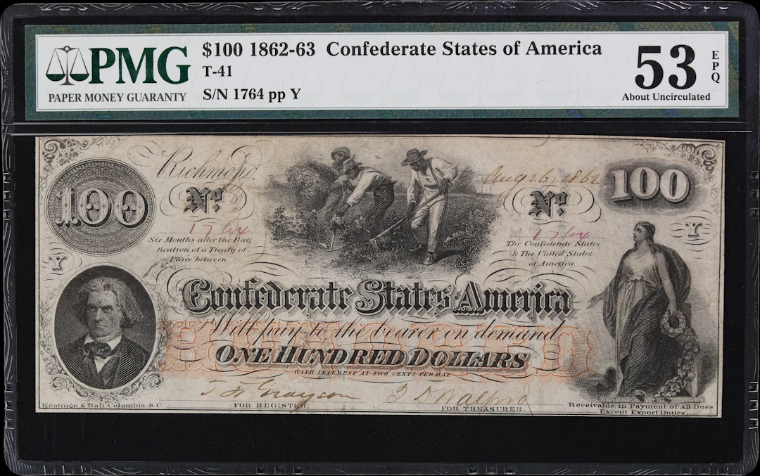 T-41. Confederate Currency. 1862 $100. PMG About Uncirculated 53 EPQ.