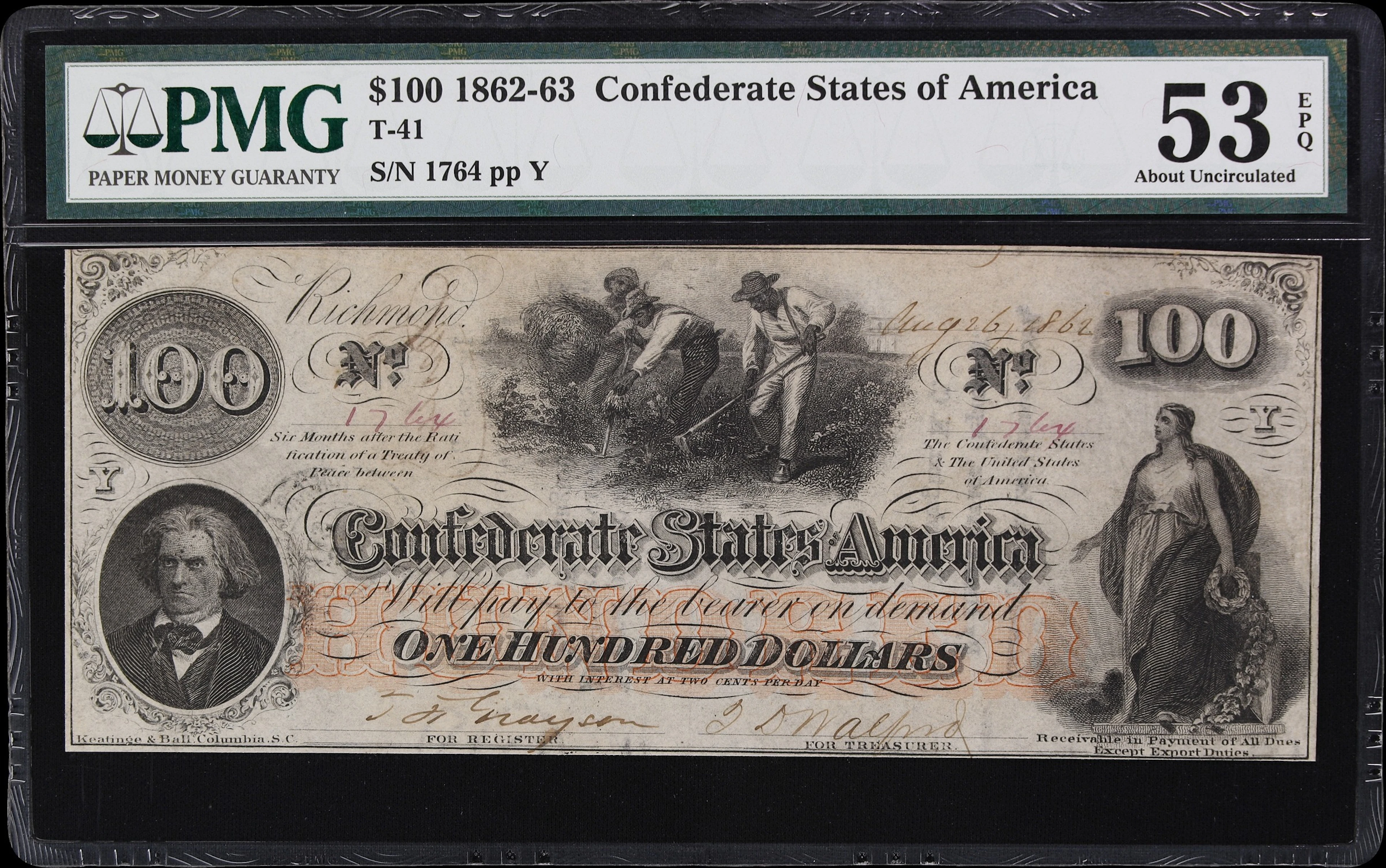 T-41. Confederate Currency. 1862 $100. PMG About Uncirculated 53 EPQ.