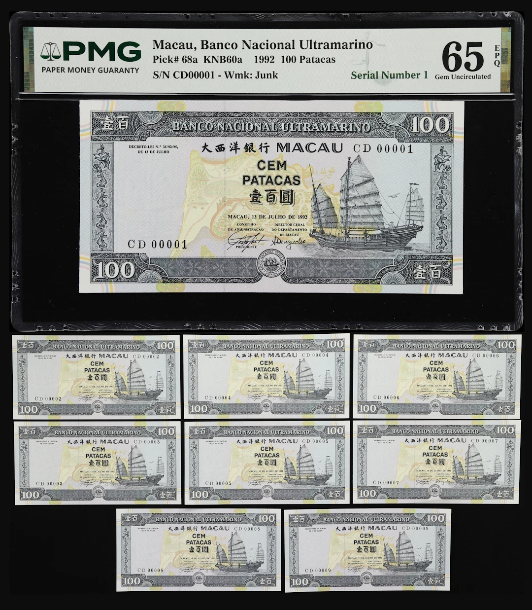 MACAU (SAR). Lot of (9). Banco Nacional Ultramarino. 100 Patacas