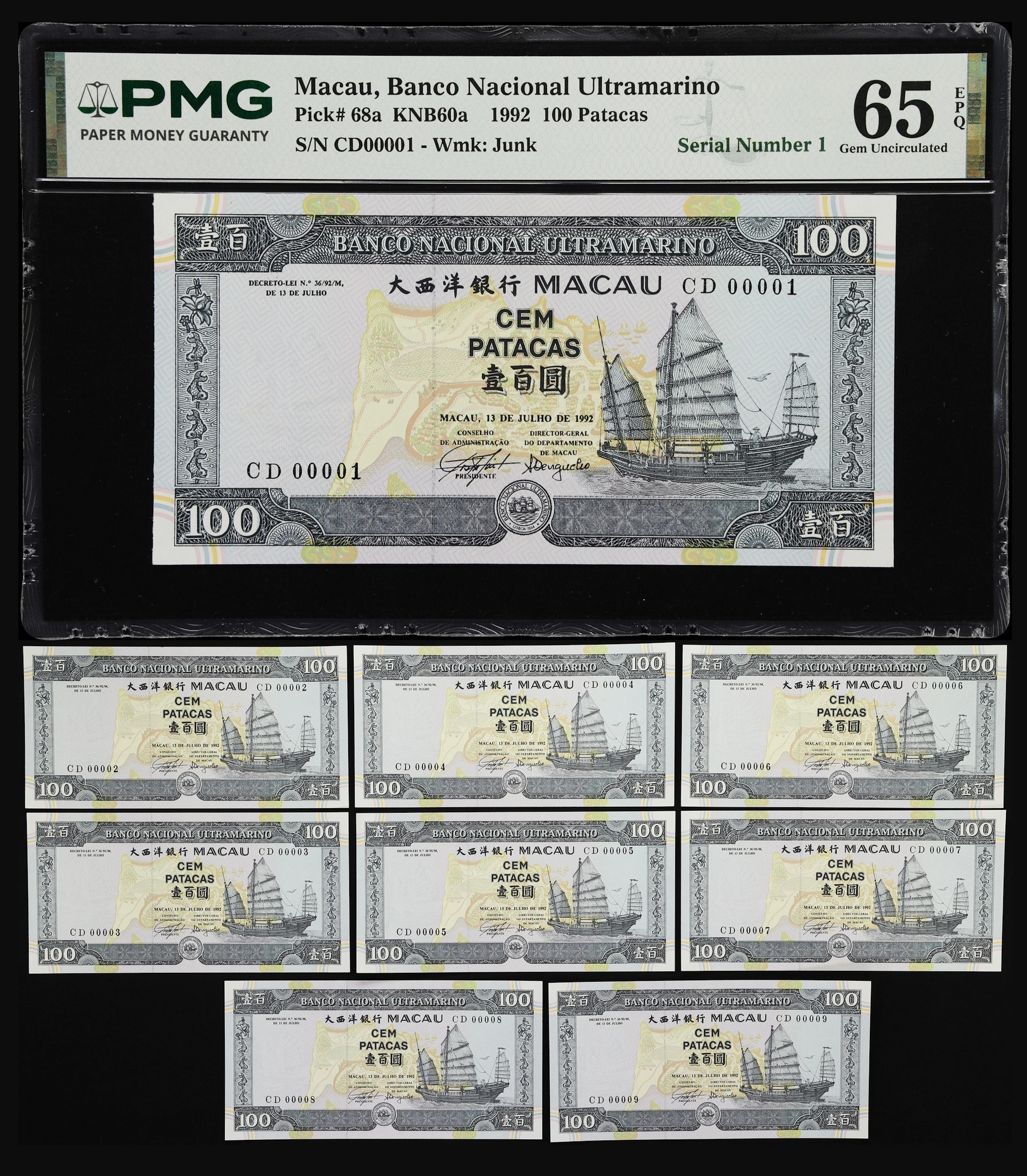 MACAU (SAR). Lot of (9). Banco Nacional Ultramarino. 100 Patacas