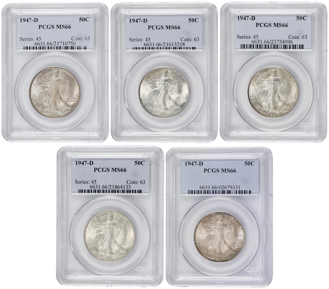 Lot of (5) 1947-D Walking Liberty Half Dollars. MS-66 (PCGS).