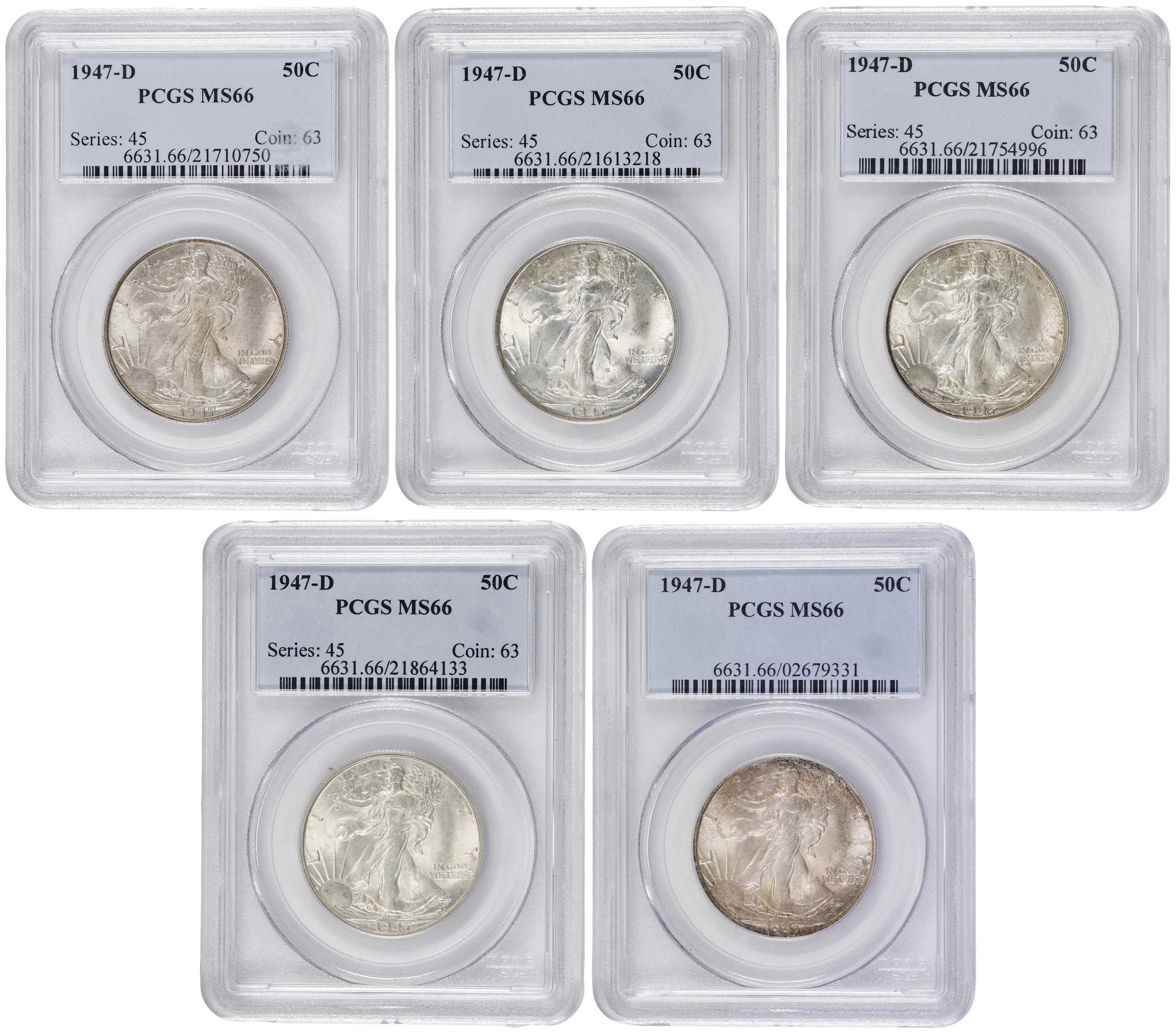 Lot of (5) 1947-D Walking Liberty Half Dollars. MS-66 (PCGS).