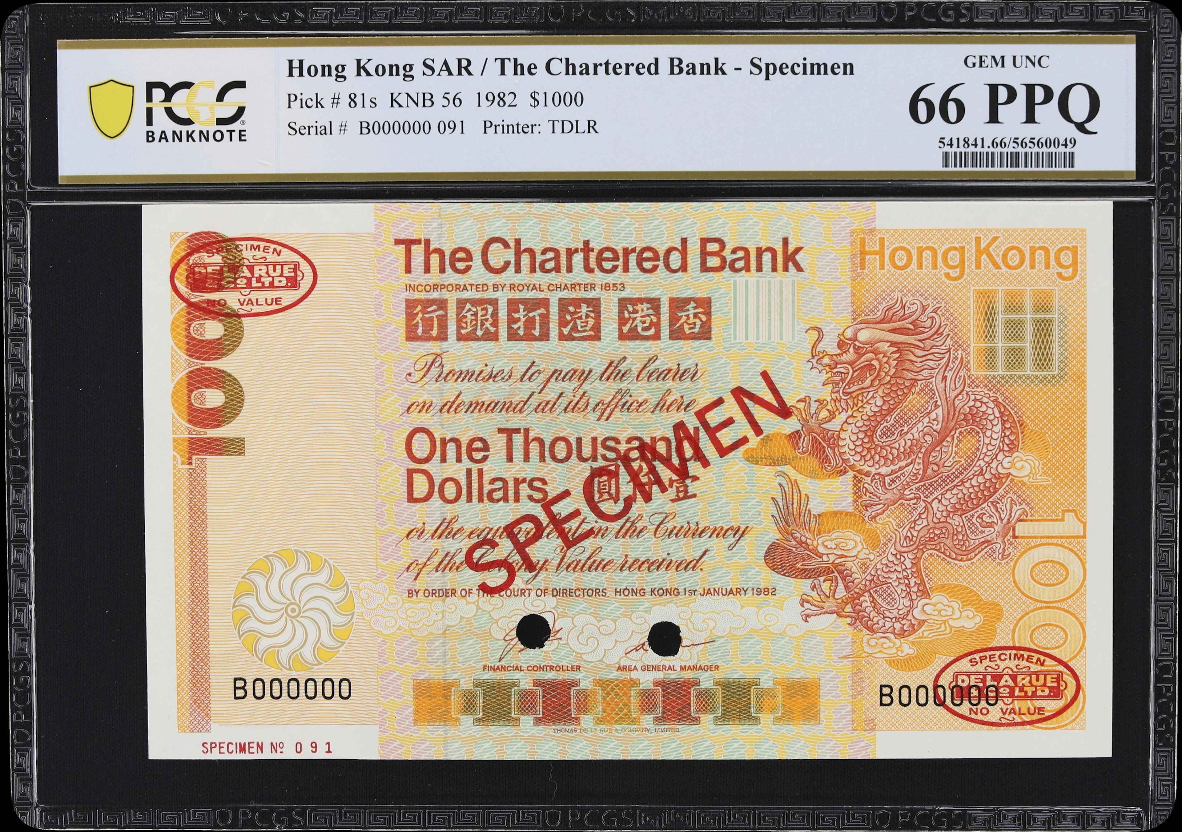 HONG KONG (SAR). Chartered Bank. 1000 Dollars, 1.1.1982. P-81s. KNB56.