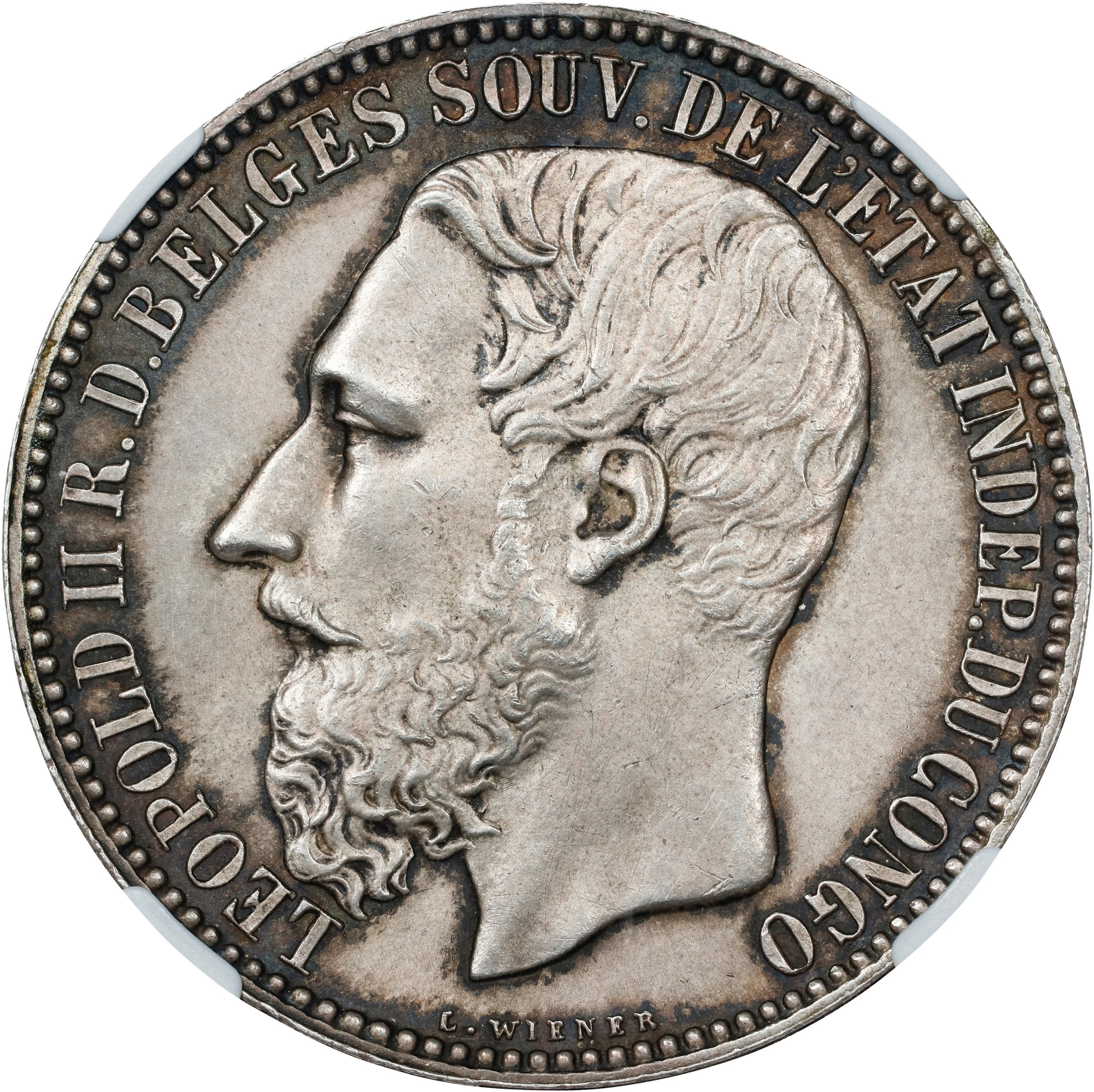 (◊) BELGIAN CONGO. 5 Francs, 1887. Brussels Mint. Leopold II. PCGS MS-64.