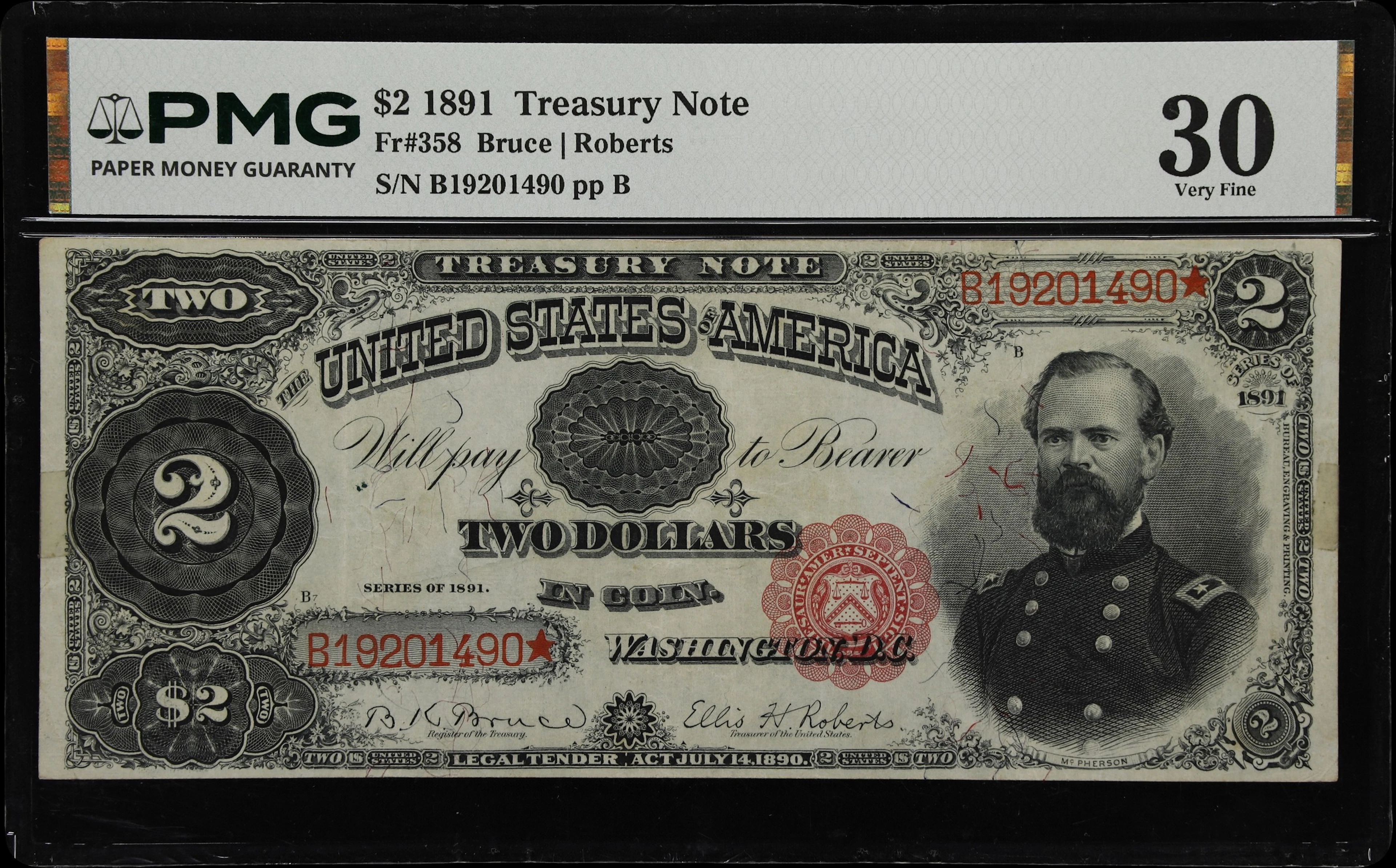 Fr. 358. 1891 $2 Treasury Note. PMG Very Fine 30.