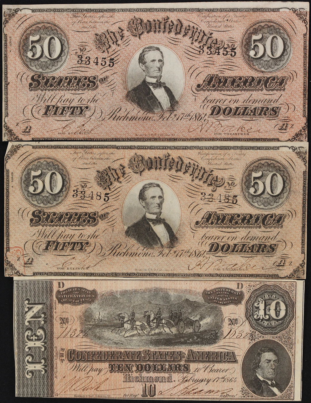 Lot of (3) T-66 & T-68. Confederate Currency. 1864 $10 & $50. Extremely