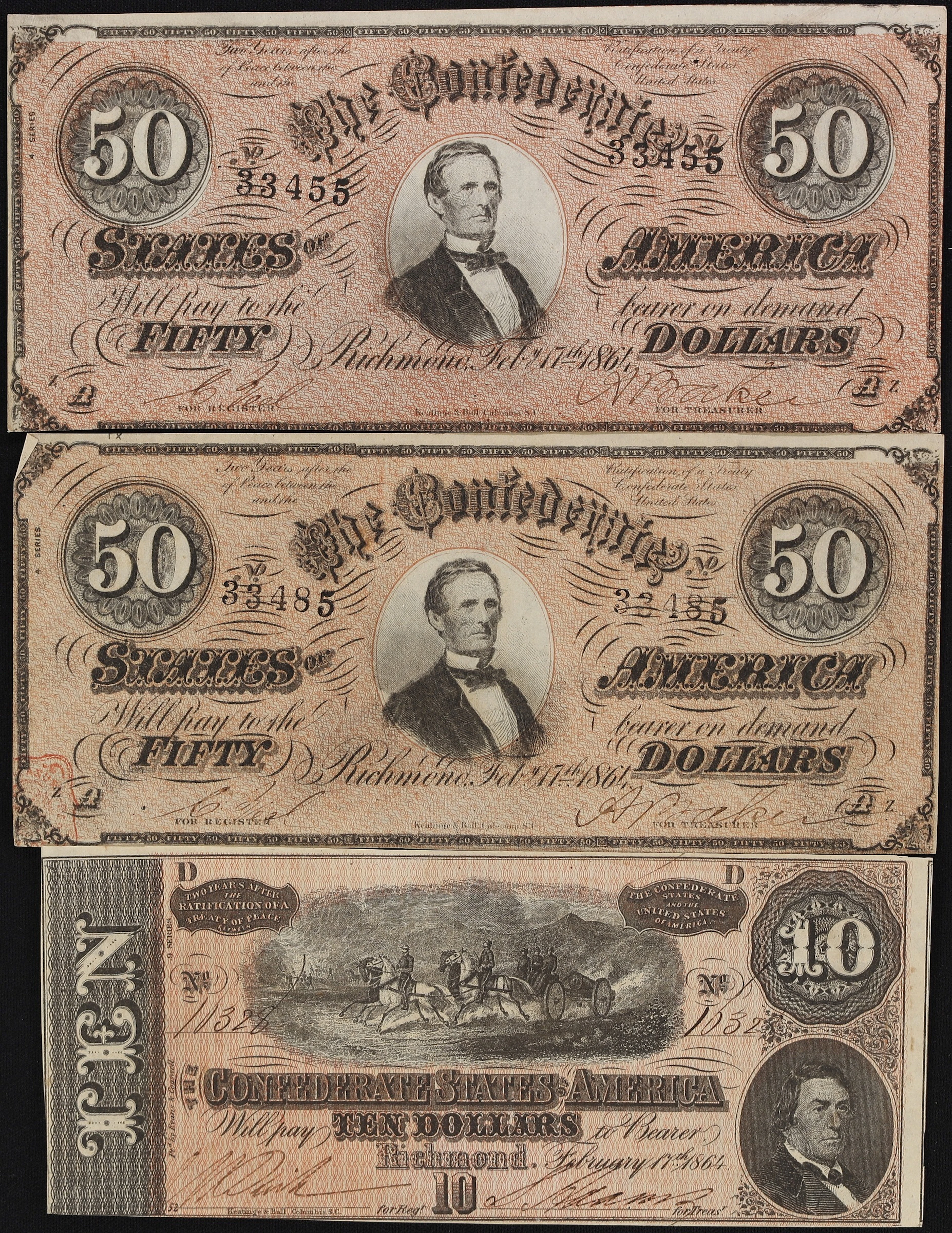 Lot of (3) T-66 & T-68. Confederate Currency. 1864 $10 & $50. Extremely