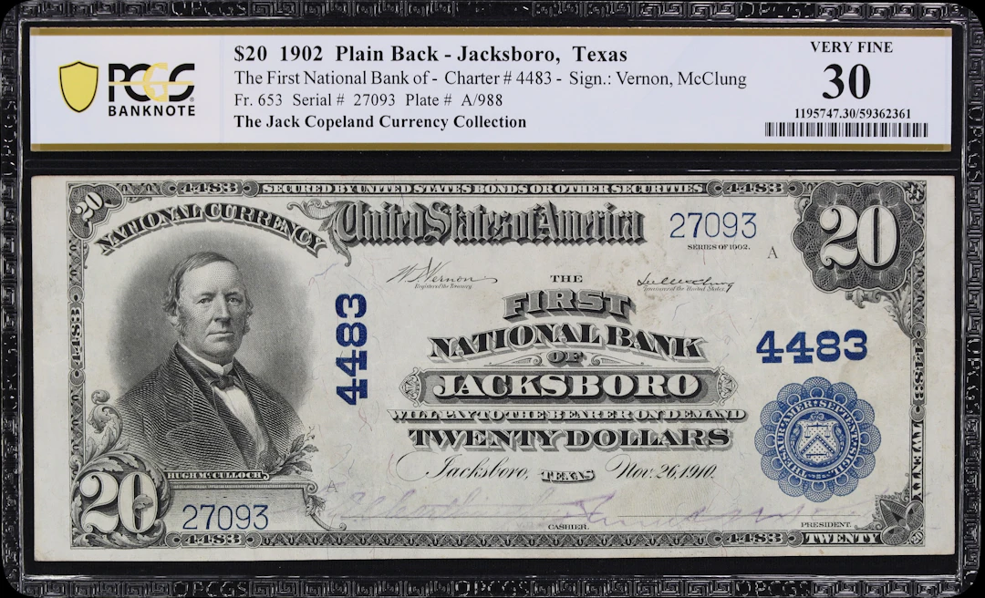 Jacksboro, Texas. $20 1902 Plain Back. Fr. 653. First NB. Charter