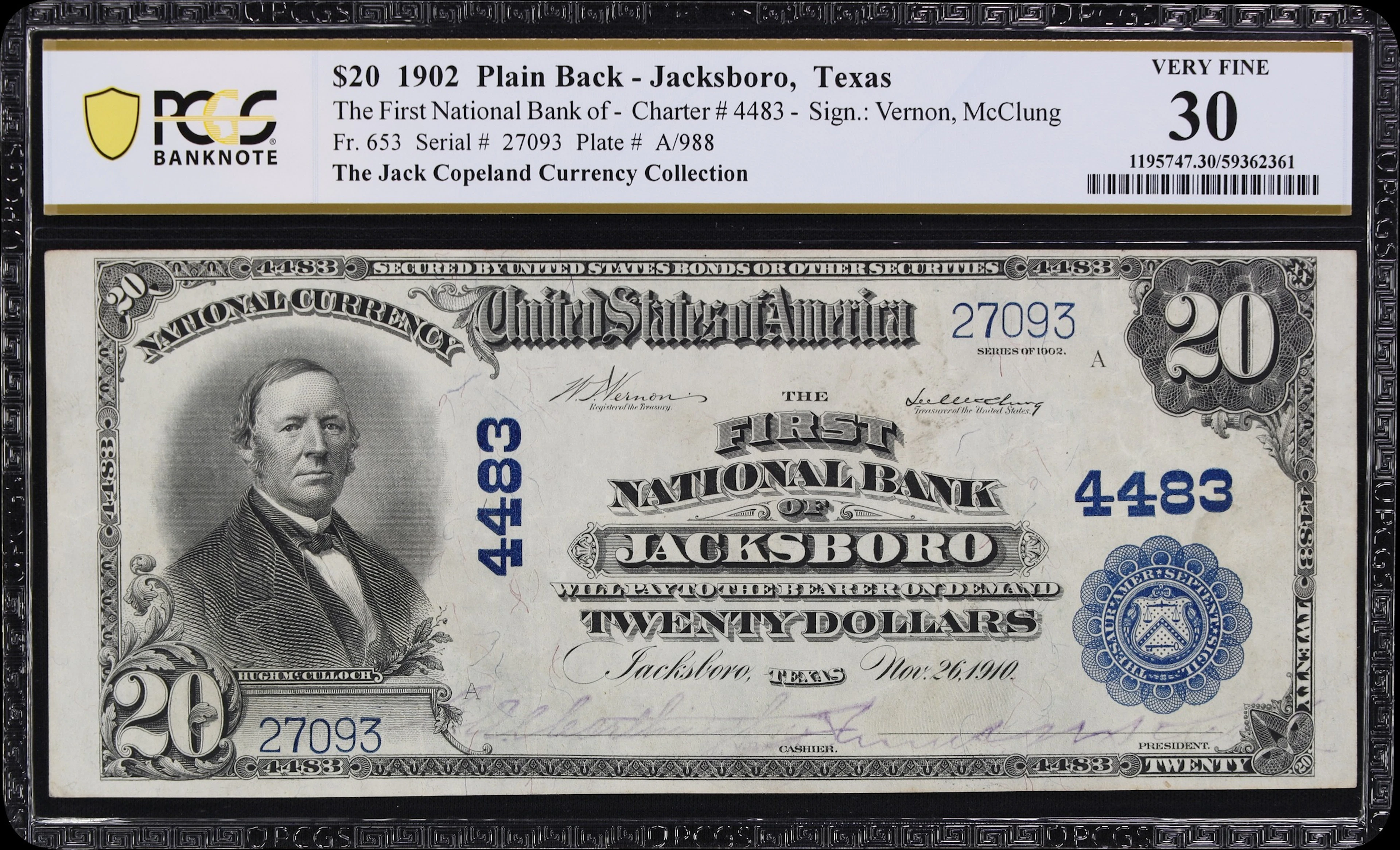 Jacksboro, Texas. $20 1902 Plain Back. Fr. 653. First NB. Charter