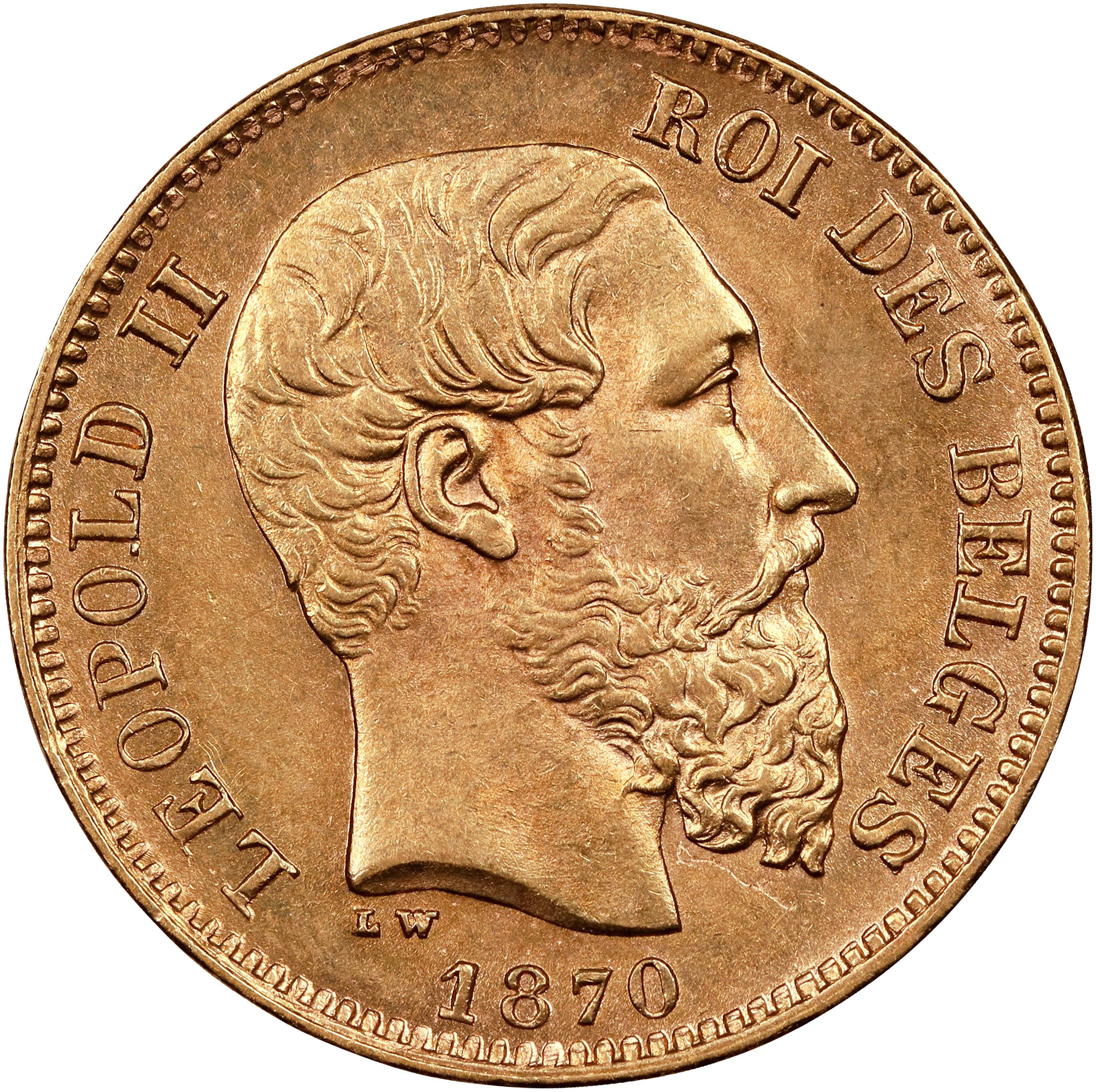 (0.187 oz, 5.816 g AGW). Belgium. 1870 Gold 20 Francs.