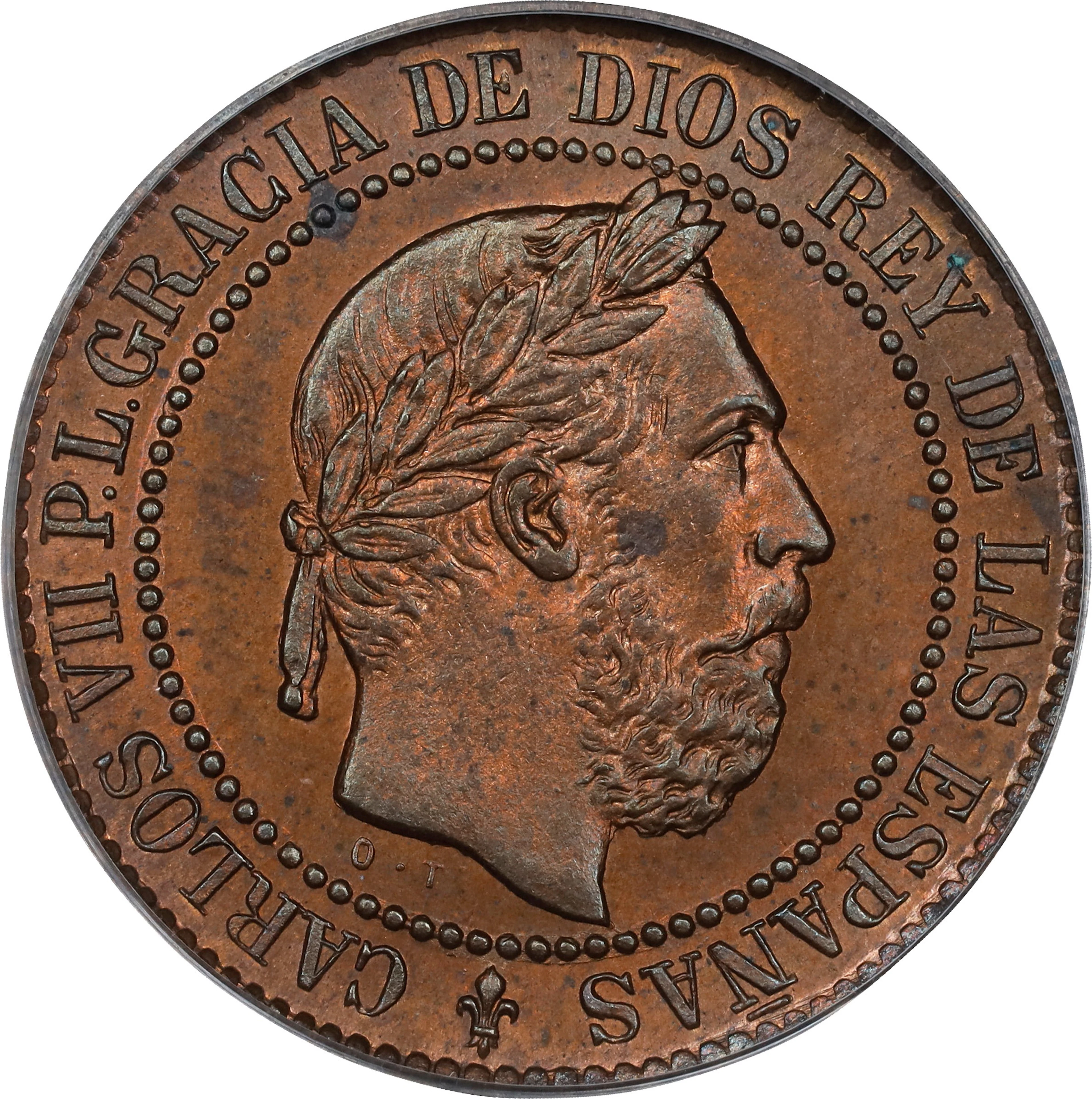 SPAIN. 5 Centimos, 1875. Onate Mint. Charles VII, the Pretender. PCGS