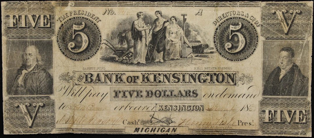 Kensington, Michigan. Bank of Kensington. 1838 $5. Fine.