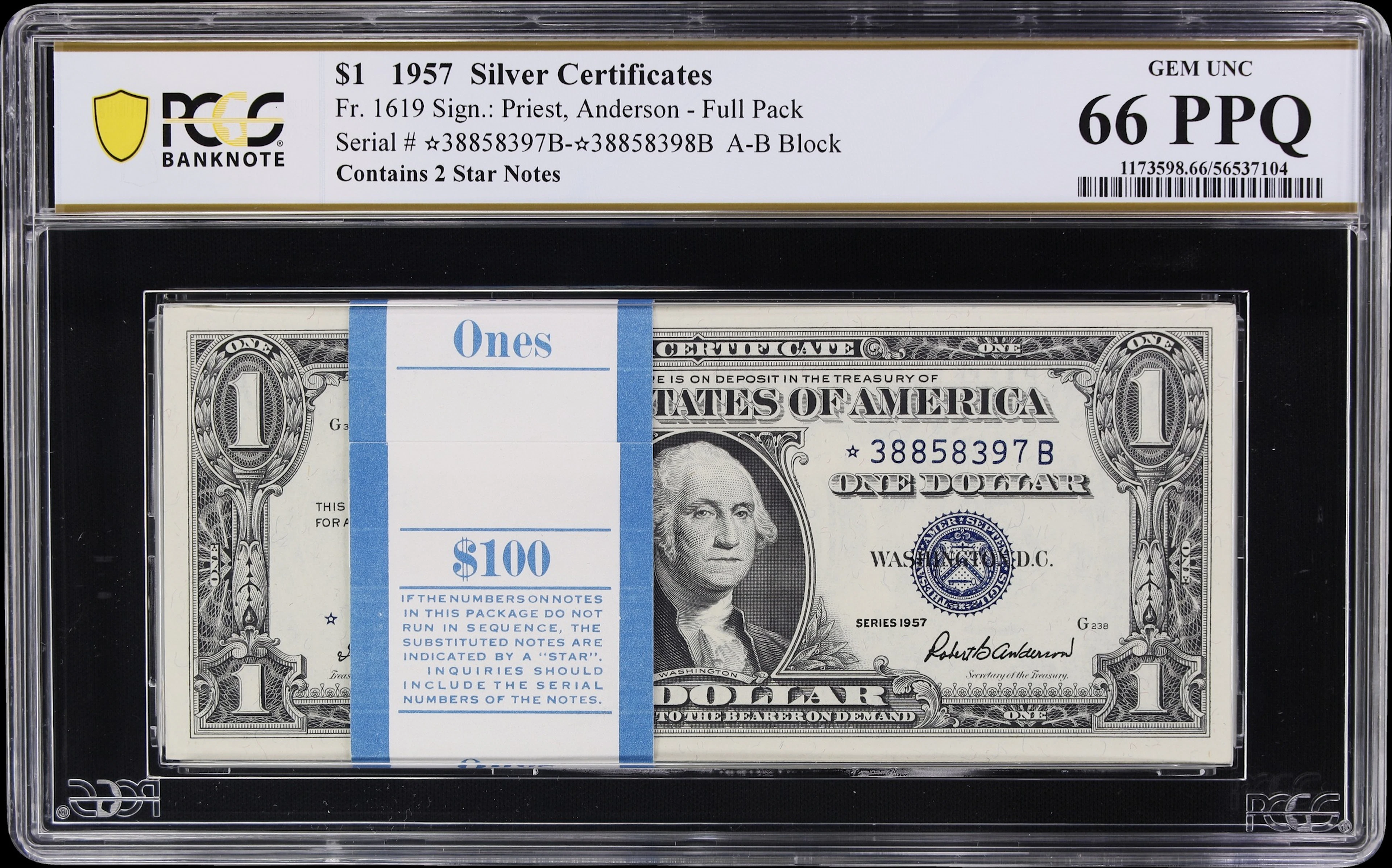 Original Pack of 100. Contains 2 Star Notes. Fr. 1619. 1957 $1 Silver