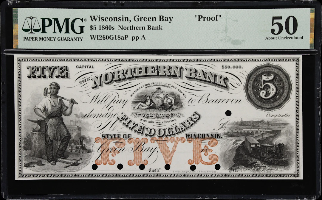 Green Bay, Wisconsin. Northern Bank. 18xx $5. PMG About Uncirculated 50. Proof.