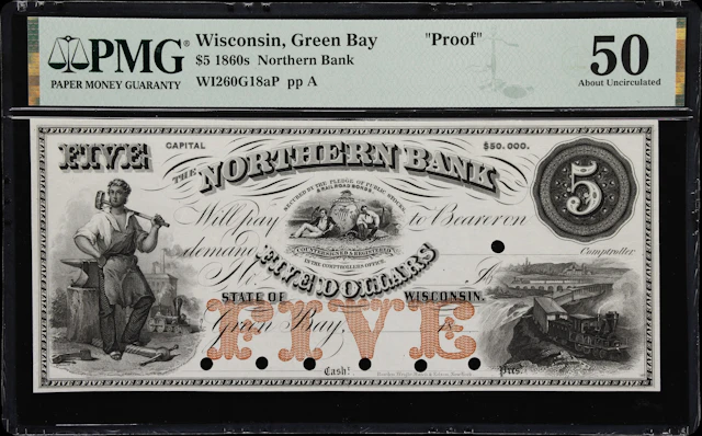 Green Bay, Wisconsin. Northern Bank. 18xx $5. PMG About Uncirculated 50. Proof.