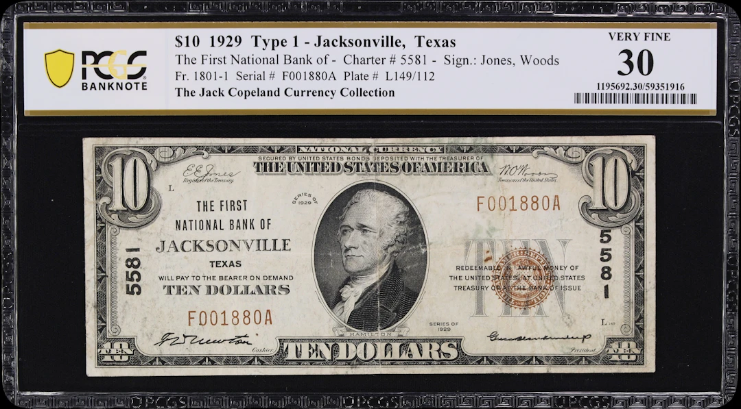 Jacksonville, Texas. $10 1929 Ty. 1. Fr. 1801-1. First NB. Charter
