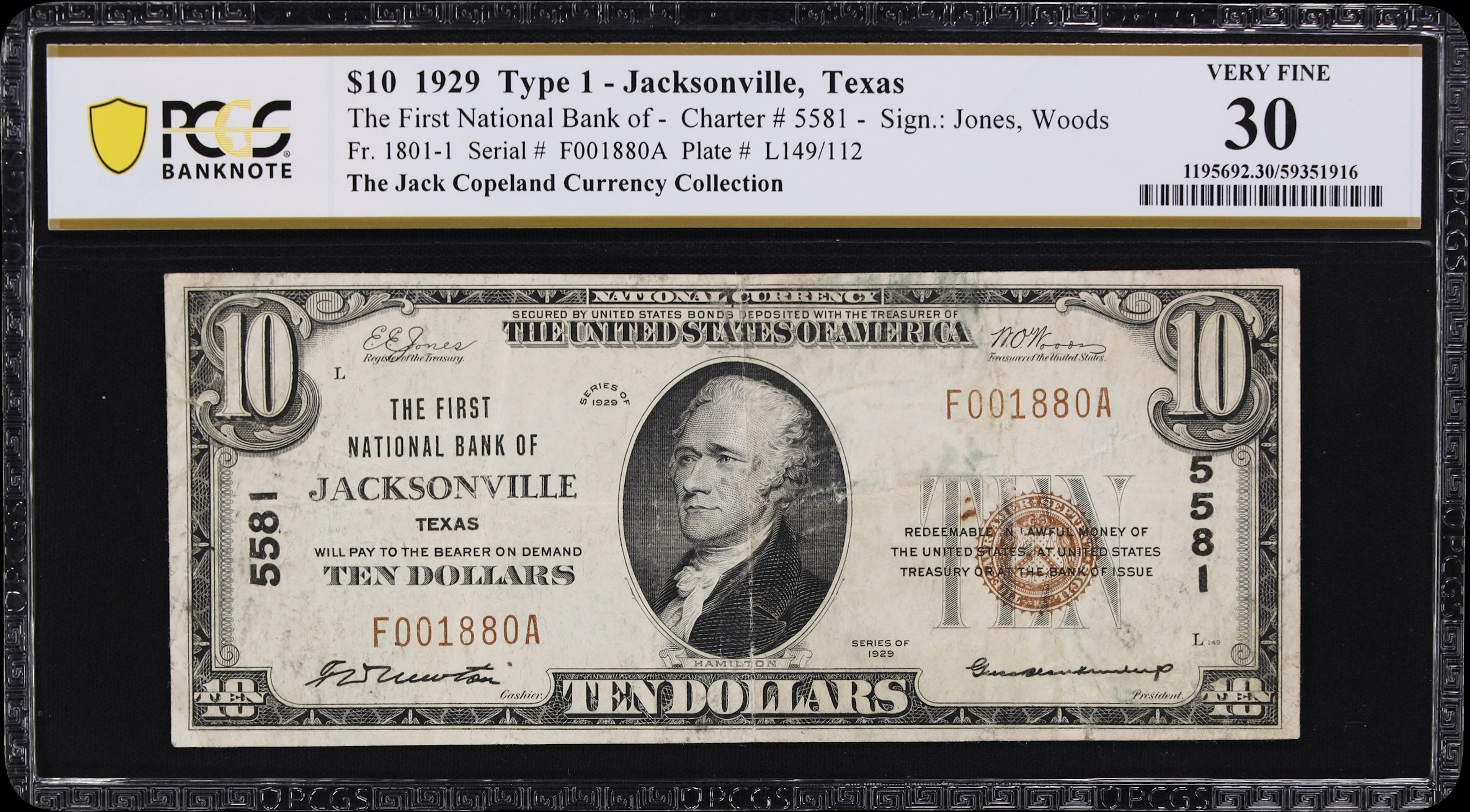 Jacksonville, Texas. $10 1929 Ty. 1. Fr. 1801-1. First NB. Charter