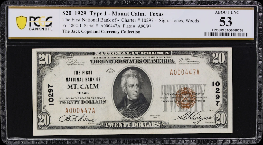 Mount Calm, Texas. $20 1929 Ty. 1. Fr. 1802-1. First NB. Charter #10297.