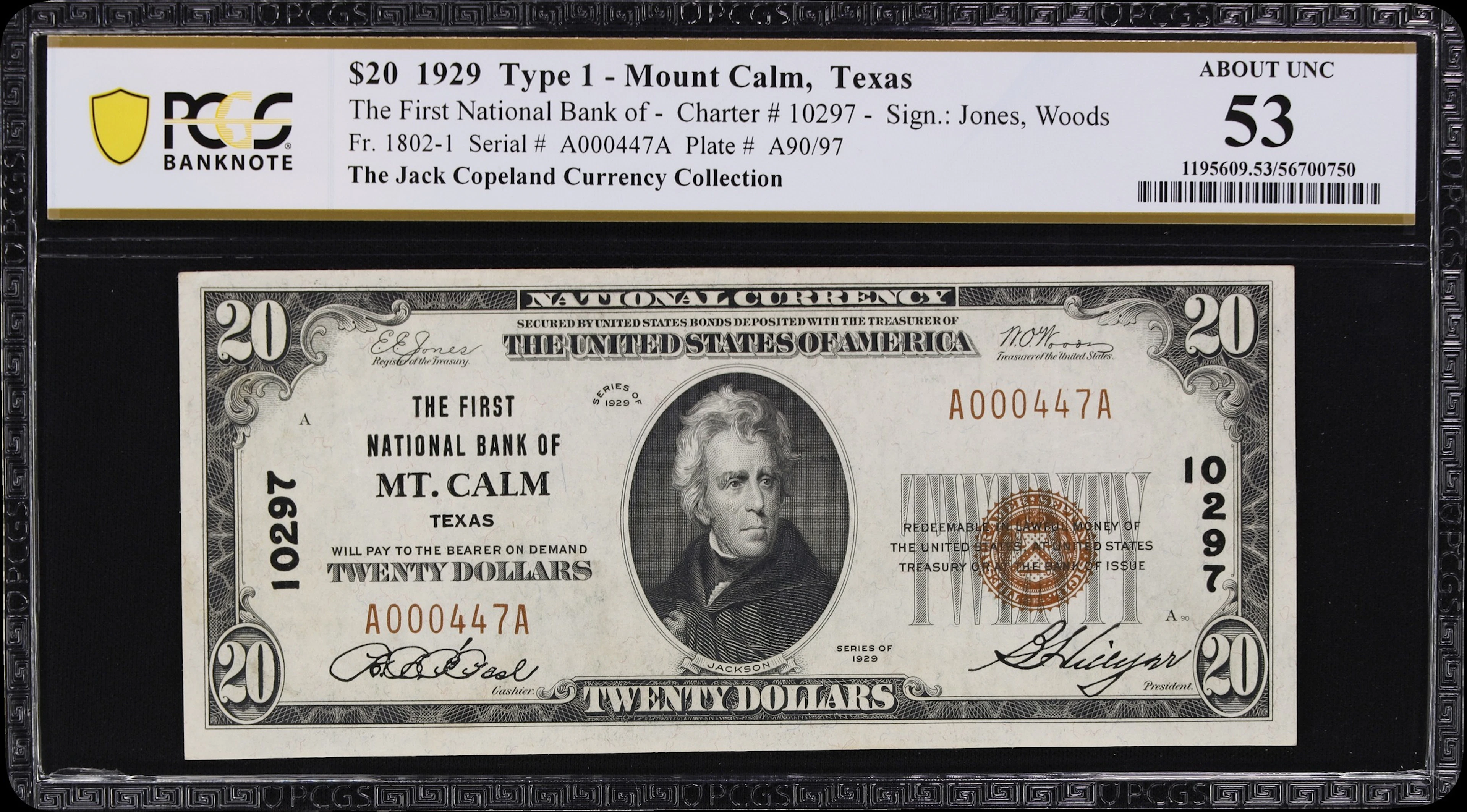 Mount Calm, Texas. $20 1929 Ty. 1. Fr. 1802-1. First NB. Charter #10297.