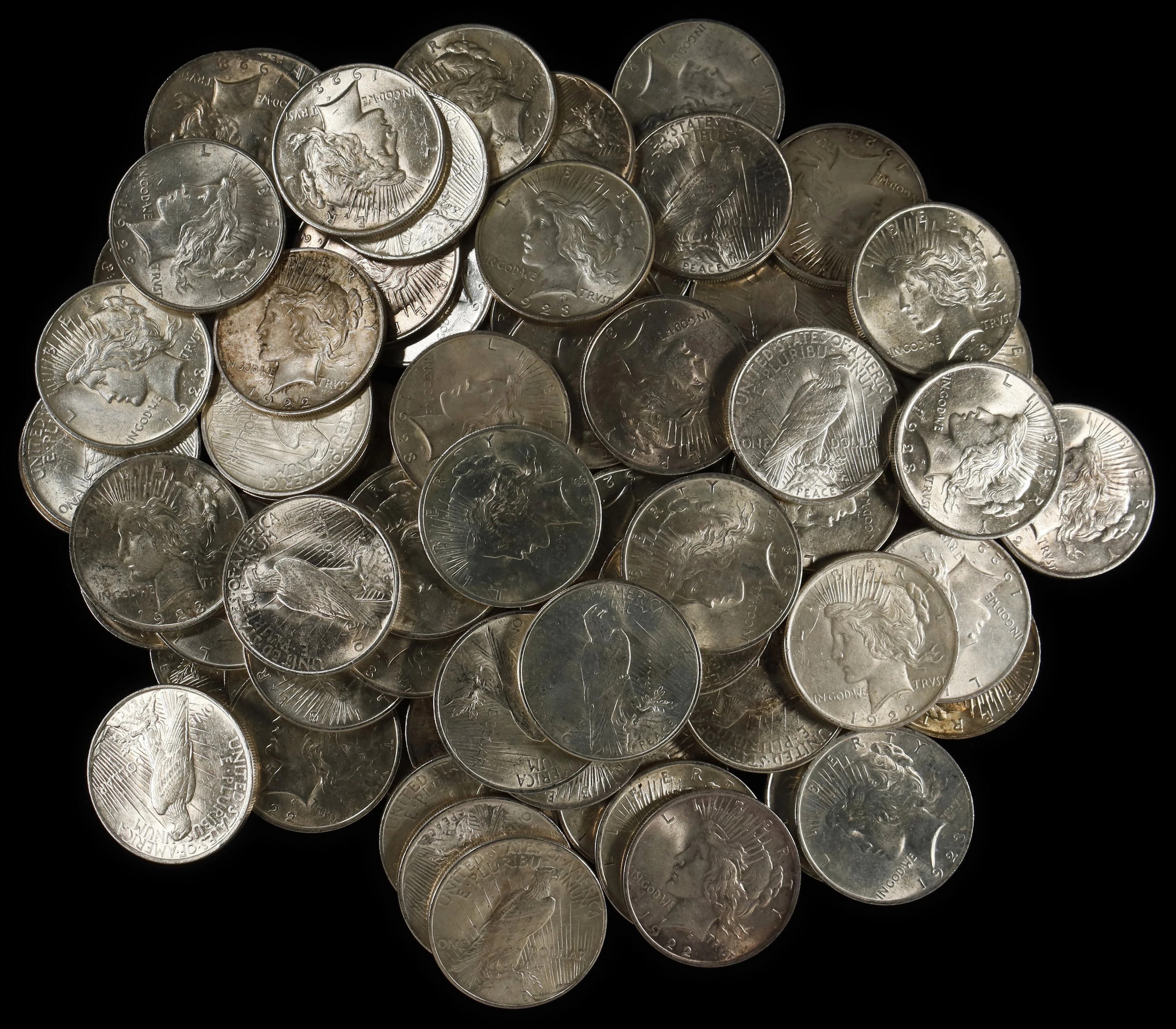 (65.739 oz, 2044.746 g ASW). Lot of (85) Mixed Date Peace Silver Dollars.