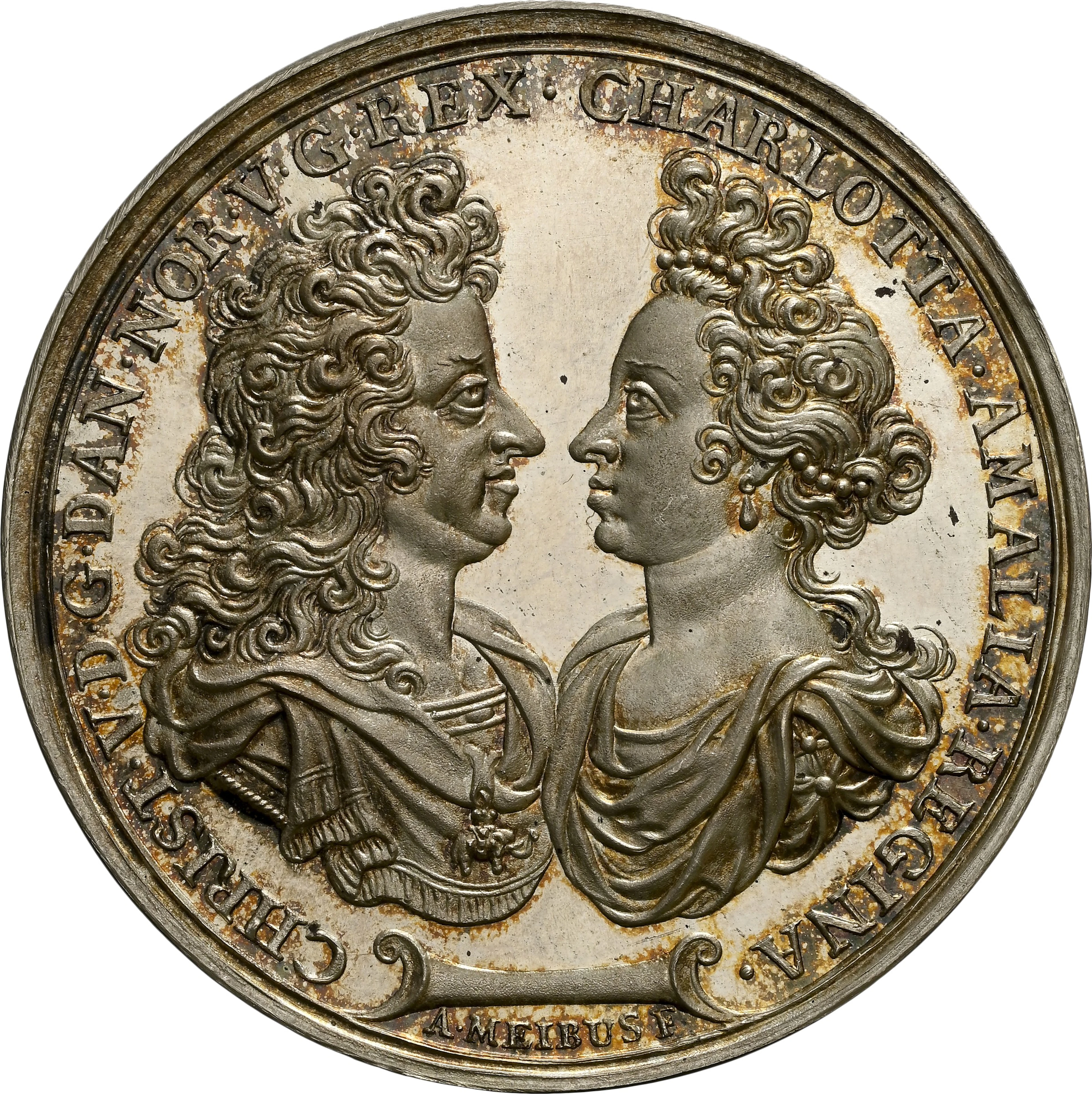 DENMARK. Royal Couple Restrike Silver Medal, 1697. Christian V. NGC MS-67.