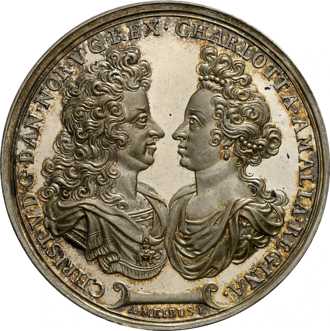 DENMARK. Royal Couple Restrike Silver Medal, 1697. Christian V. NGC MS-67.