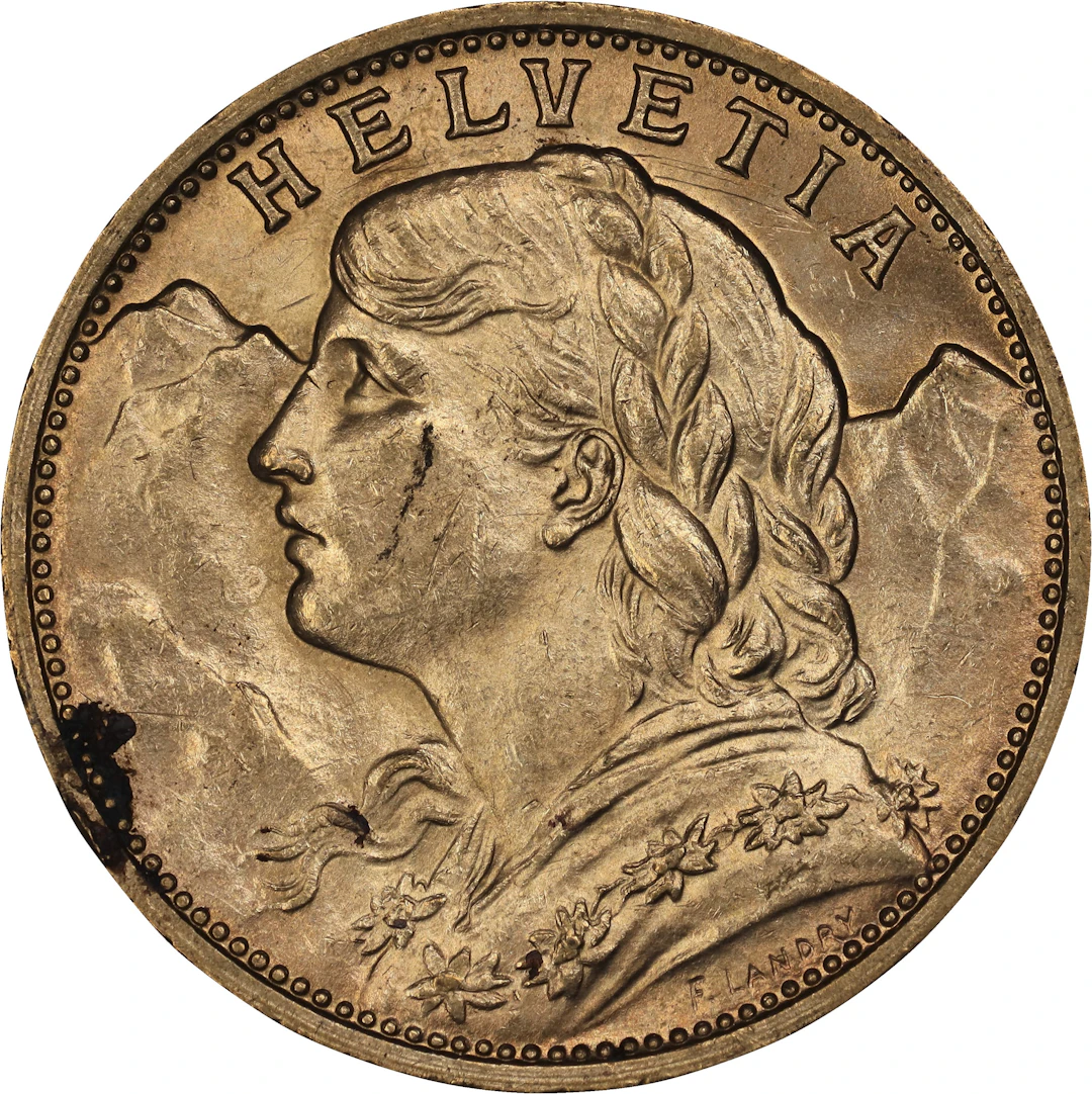 (0.187 oz, 5.816 g AGW). Switzerland. 1913-B Gold 20 Francs.