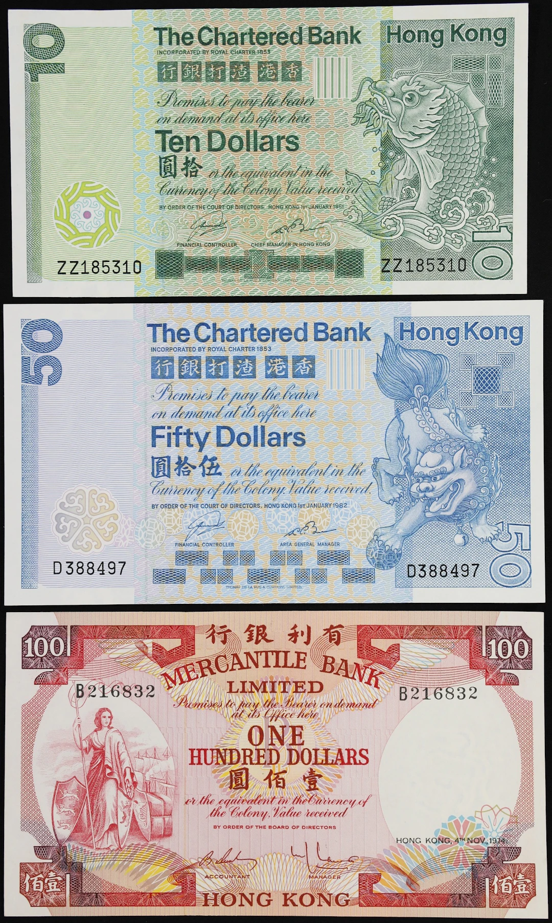 HONG KONG (SAR). Lot of (3). Chartered Bank & Mercantile Bank Limited.