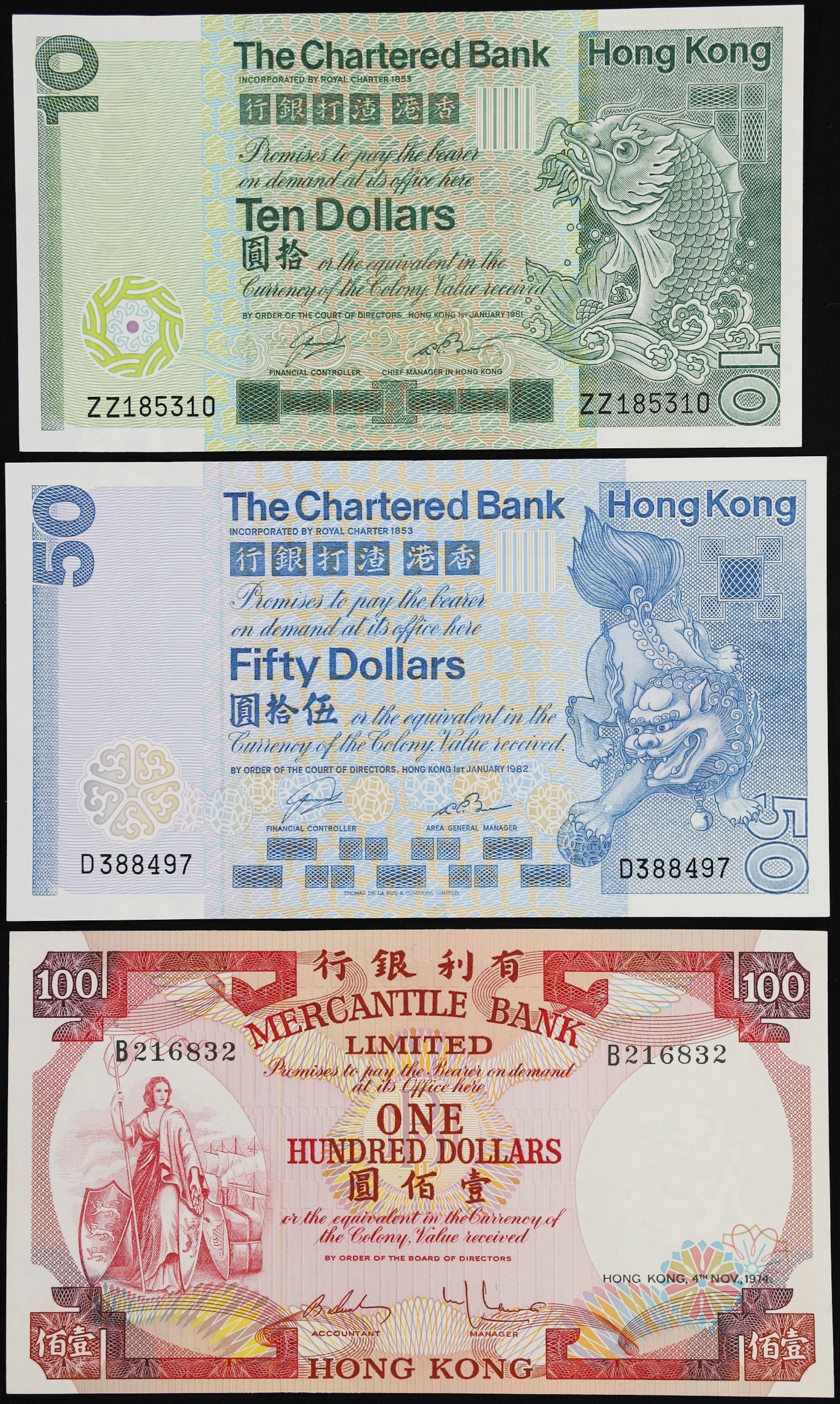 HONG KONG (SAR). Lot of (3). Chartered Bank & Mercantile Bank Limited.