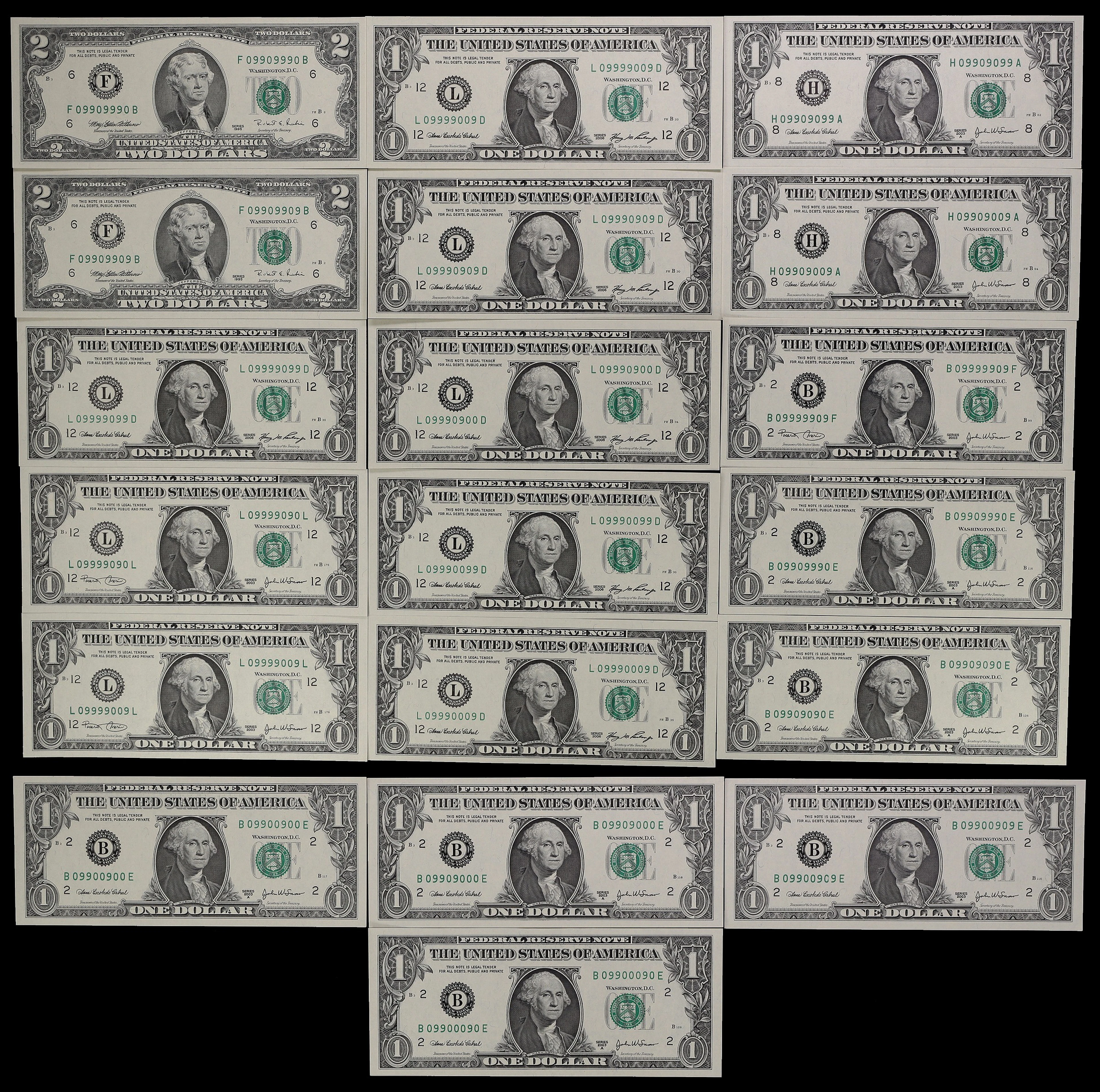 Lot of (19) Fr. 1930-B, 1931-H, 1933-L & 1936-F. 1995-2006 $1 & $2
